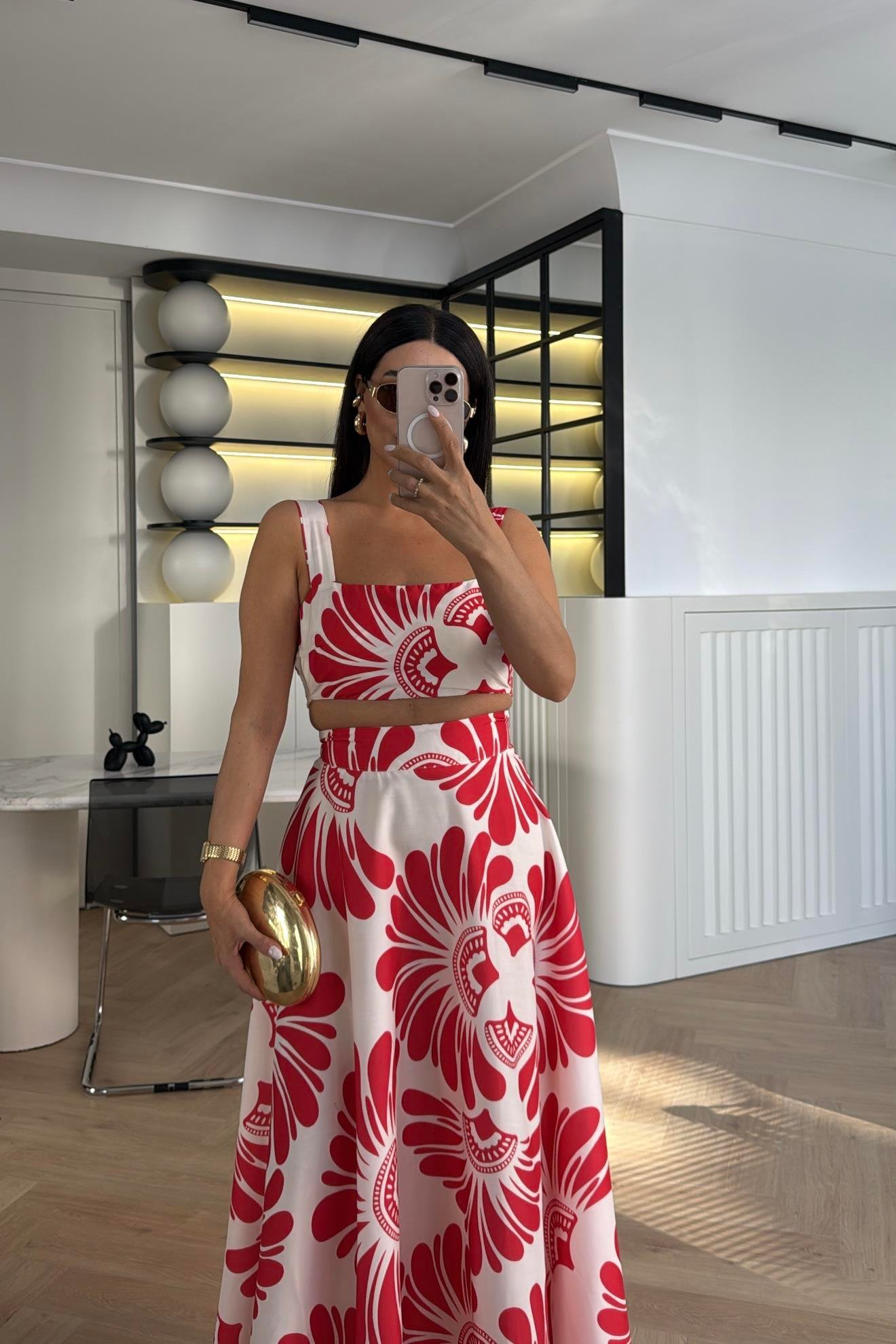 KIRMIZI DESENLİ CROP BLUZ ETEK TAKIM