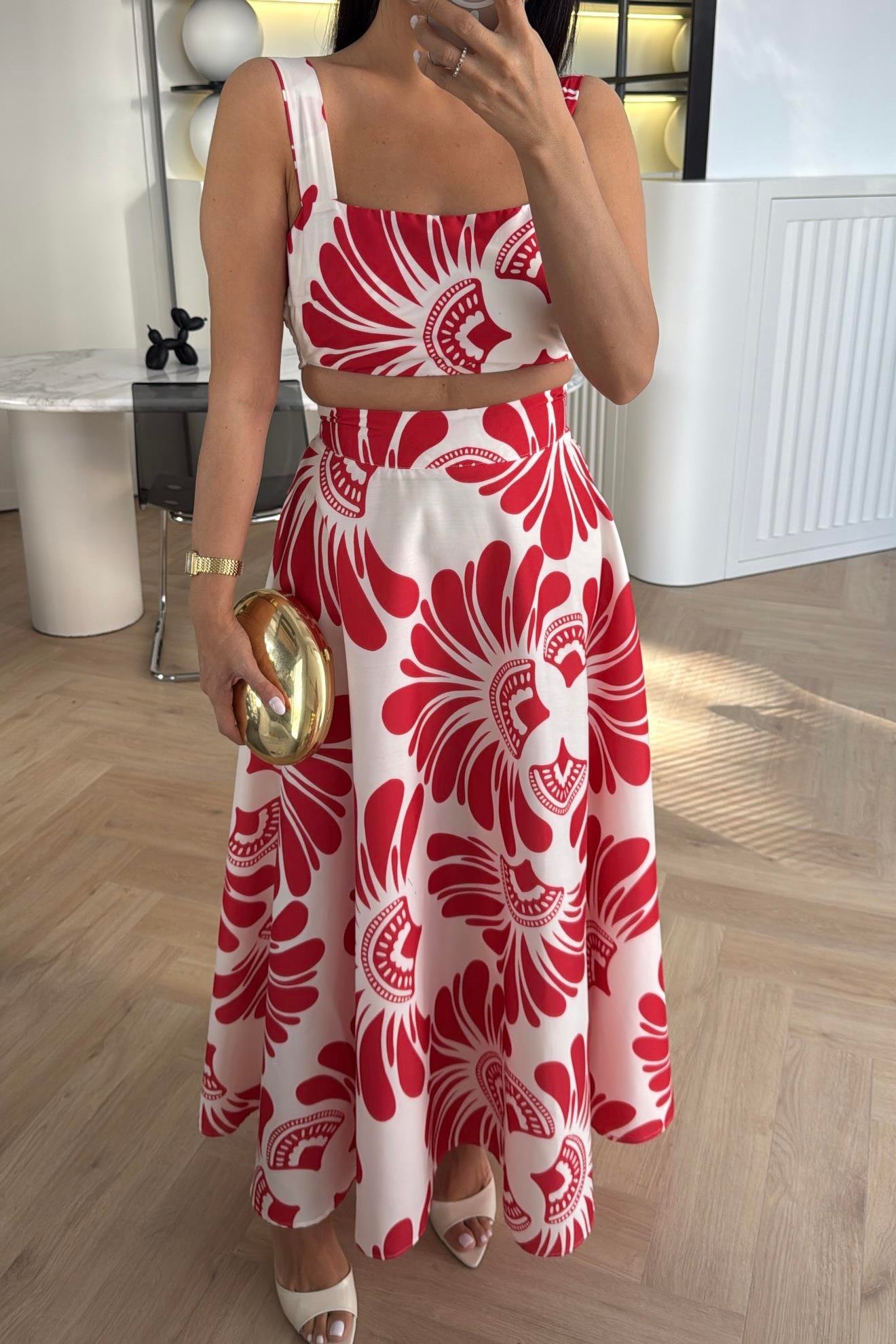 KIRMIZI DESENLİ CROP BLUZ ETEK TAKIM