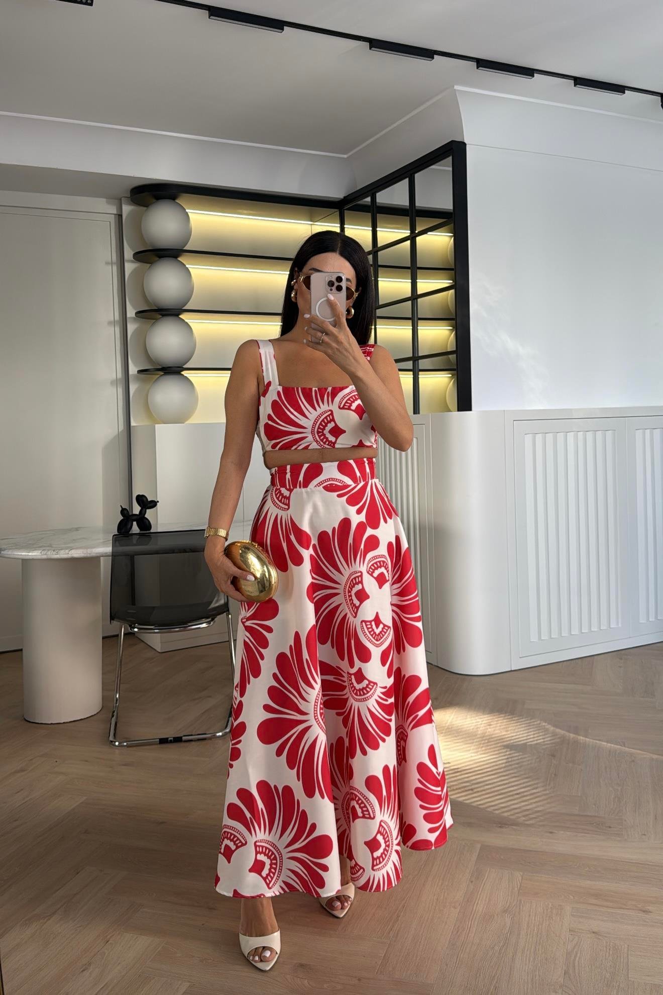 KIRMIZI DESENLİ CROP BLUZ ETEK TAKIM