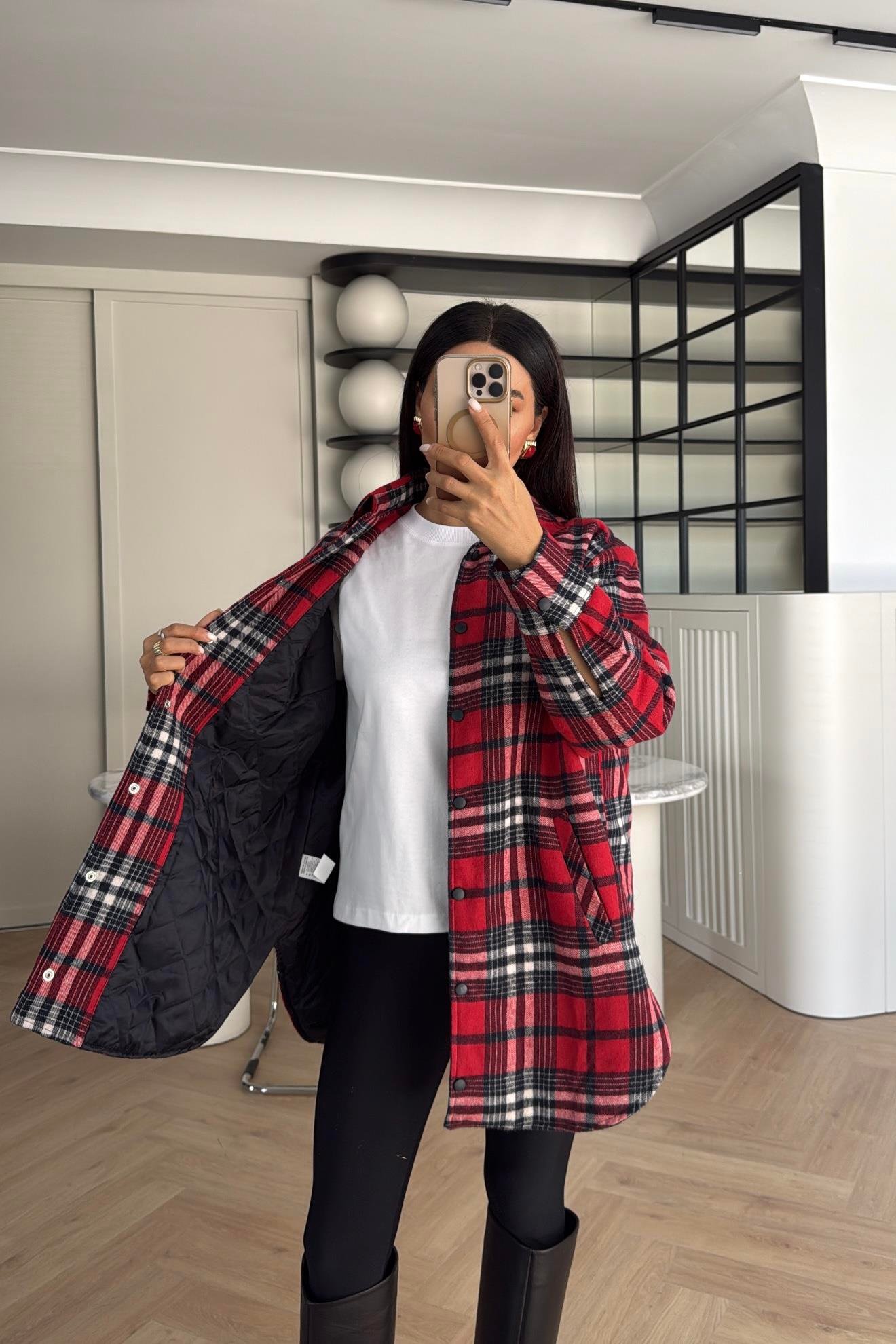 KIRMIZI EKOSE ELYAF DOLGULU OVERSİZE CEKET