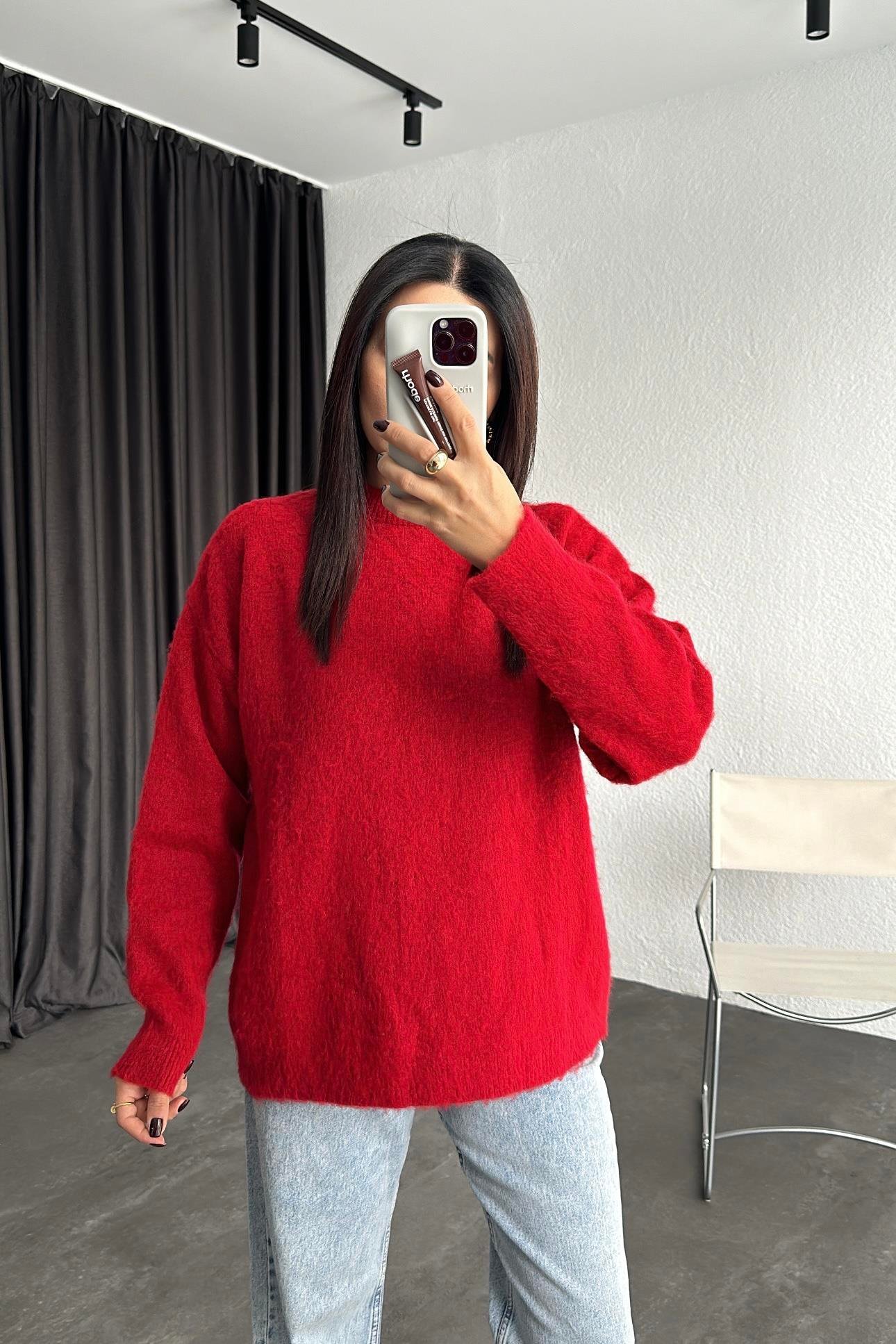 Kırmızı Marka Model Bisiklet Yaka Şardonlu Basic Triko Kazak