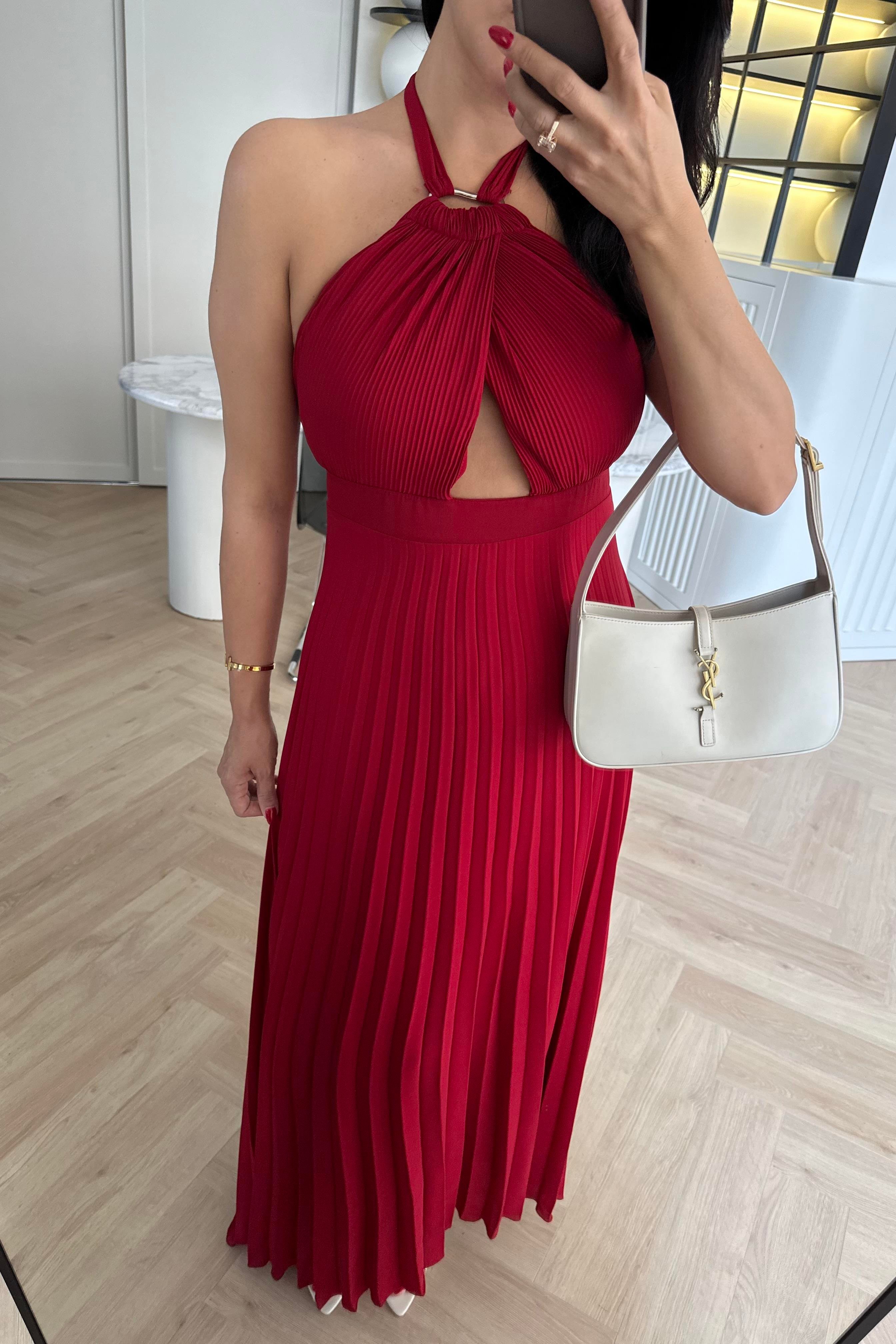 Kırmızı Piliseli Maxi Elbise