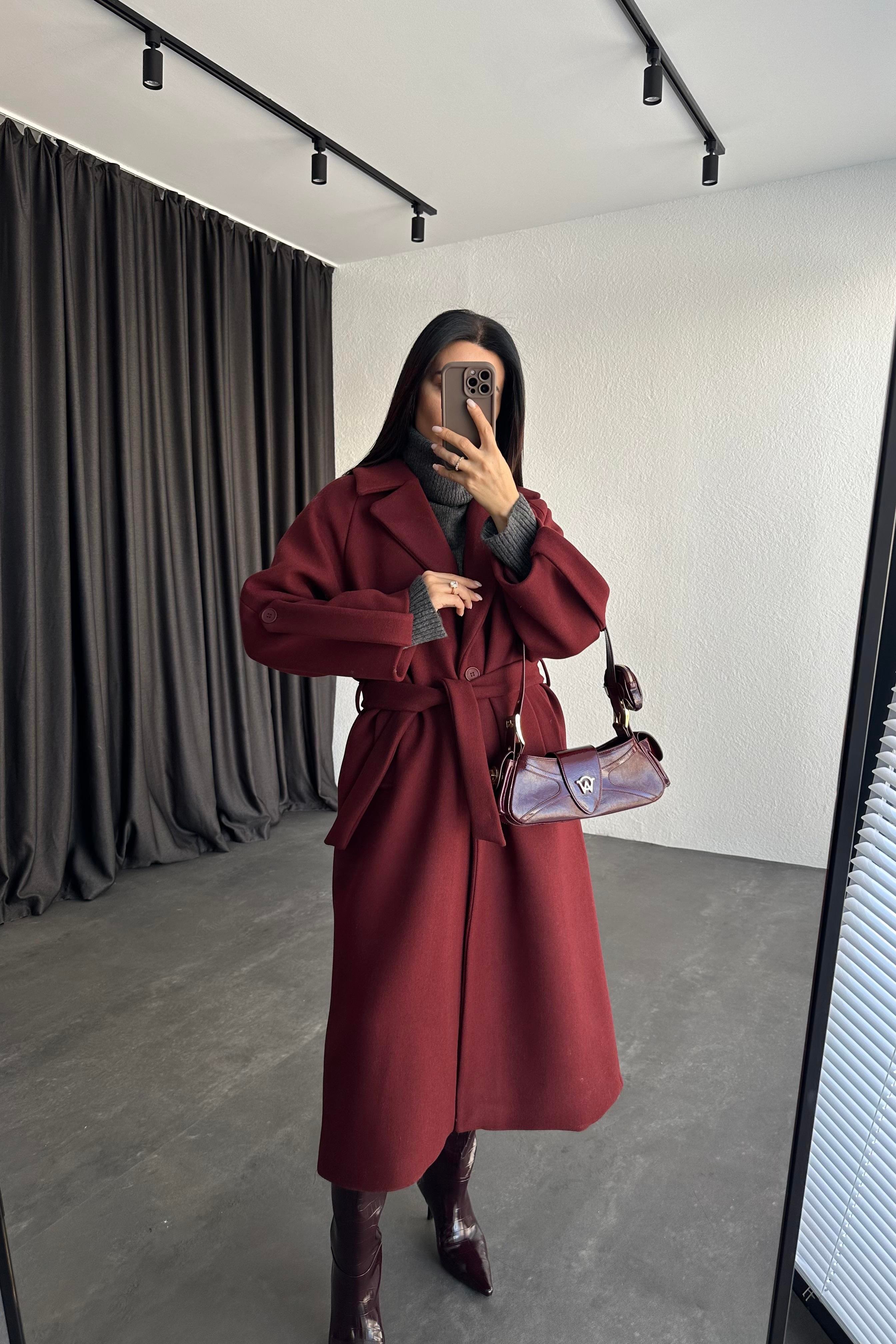 Kol Detay Bordo Premium Kaşe Kaban