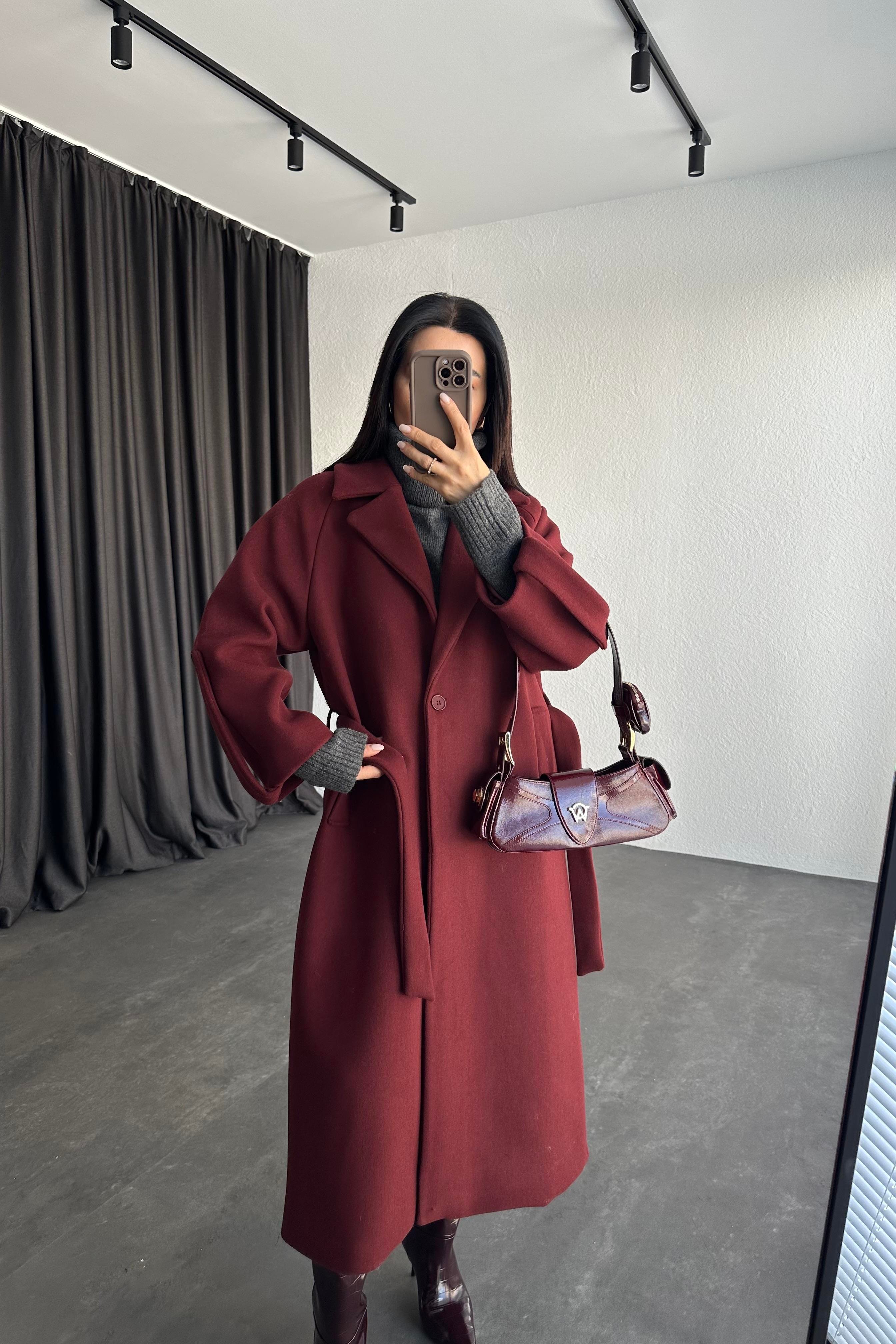 Kol Detay Bordo Premium Kaşe Kaban