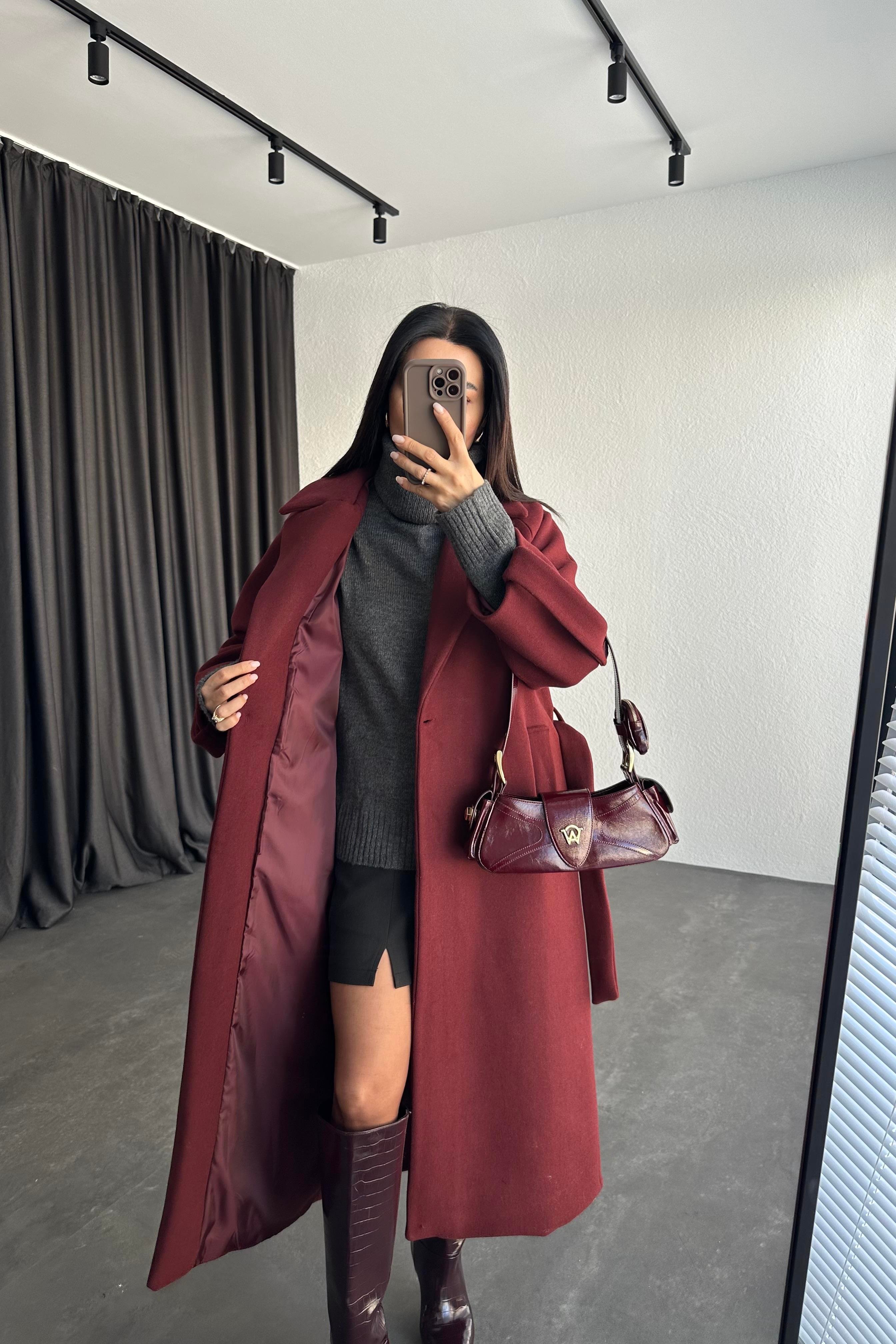 Kol Detay Bordo Premium Kaşe Kaban