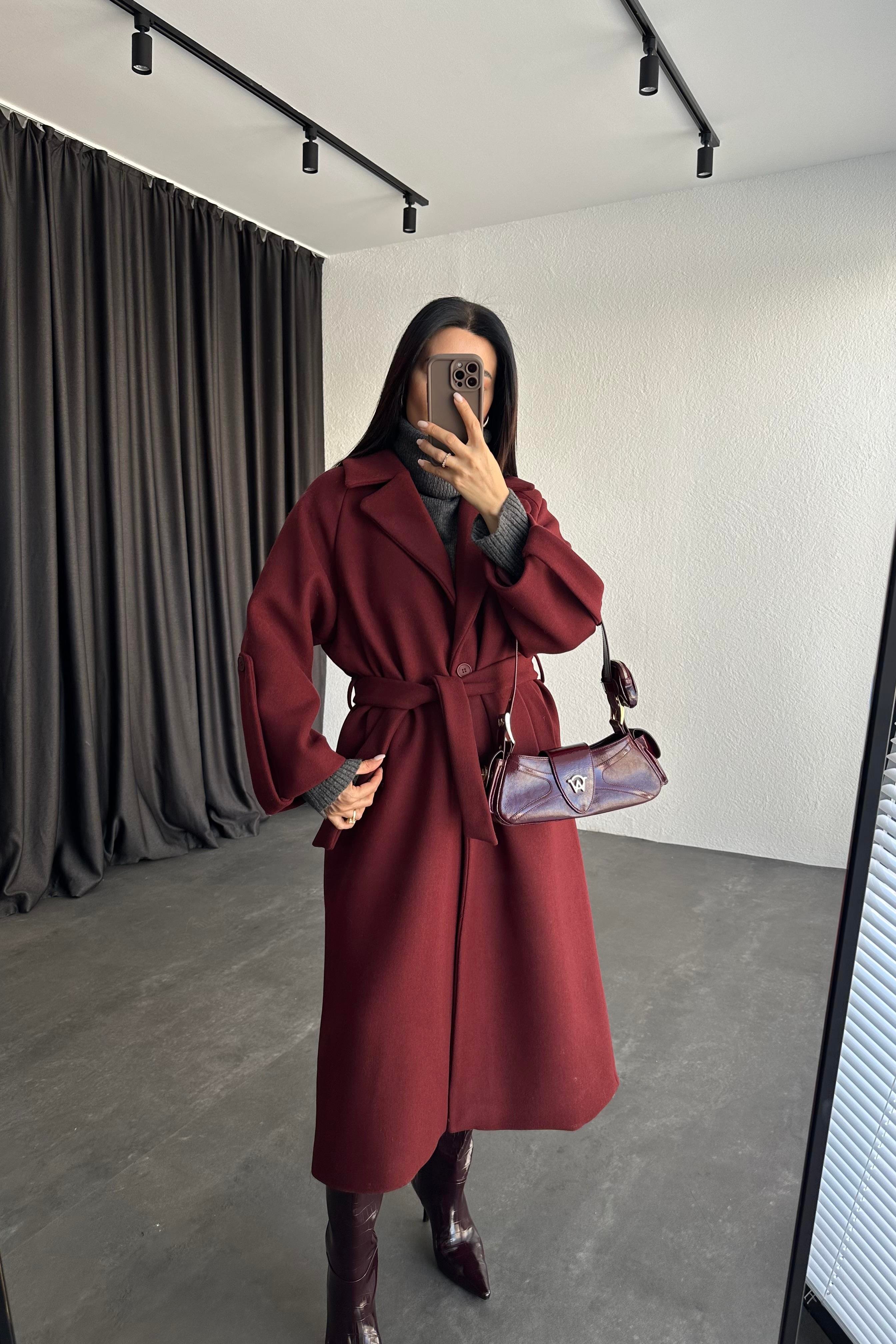 Kol Detay Bordo Premium Kaşe Kaban