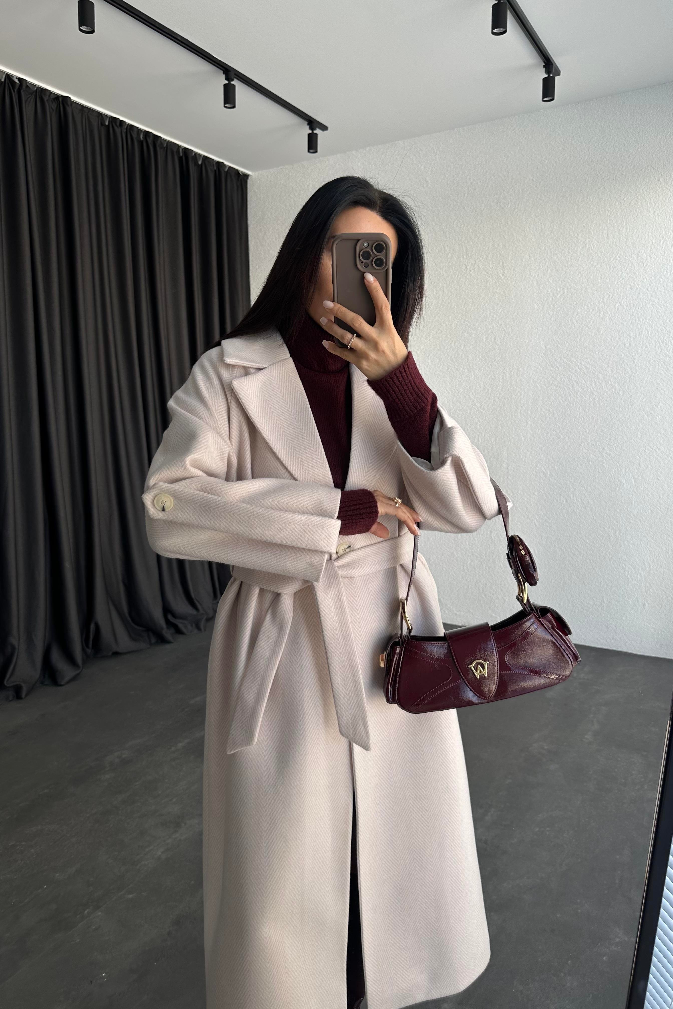 Kol Detay Ekru Balıksırtı Premium Kaşe Kaban