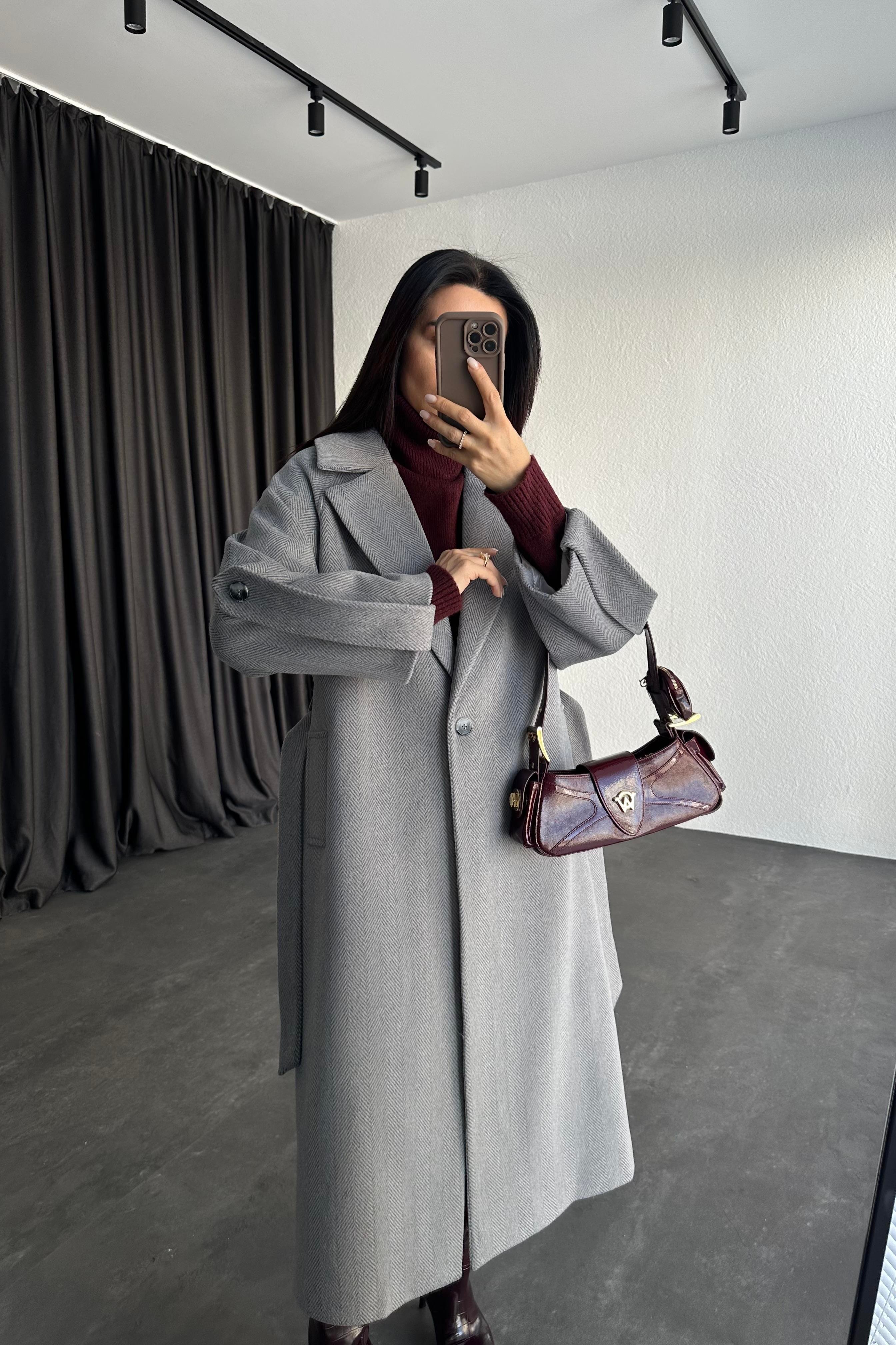 Kol Detay Gri Balıksırtı Premium Kaşe Kaban