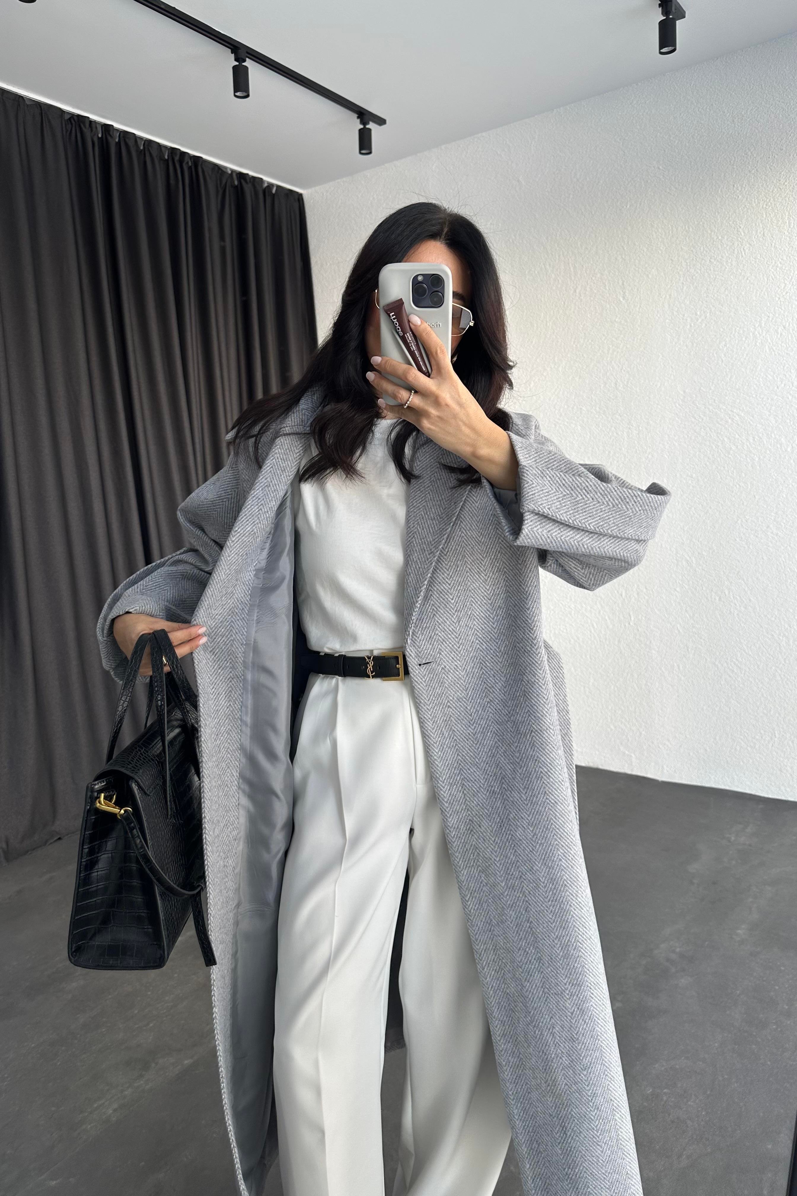 Kol Detay Gri Balıksırtı Premium Kaşe Kaban