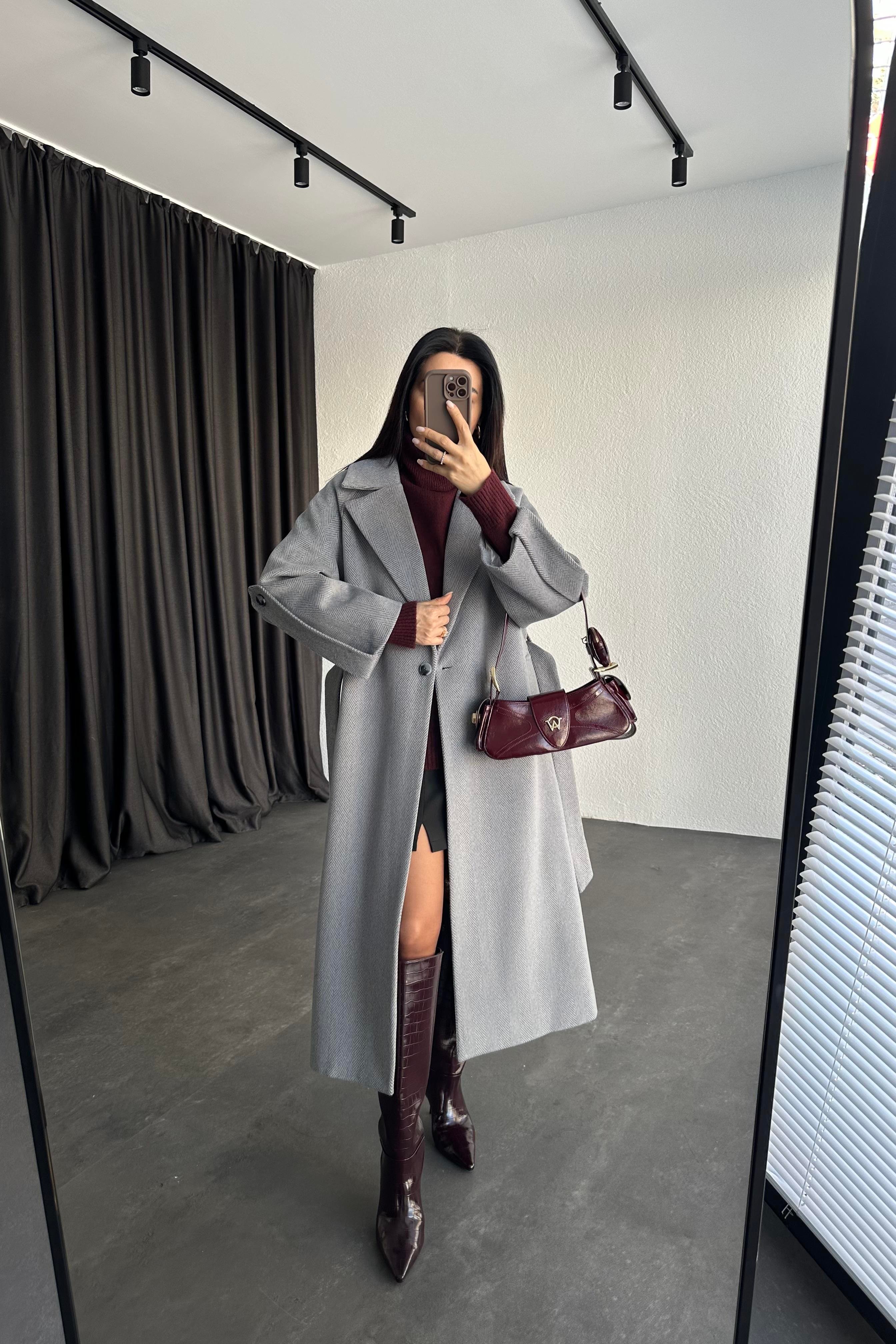 Kol Detay Gri Balıksırtı Premium Kaşe Kaban