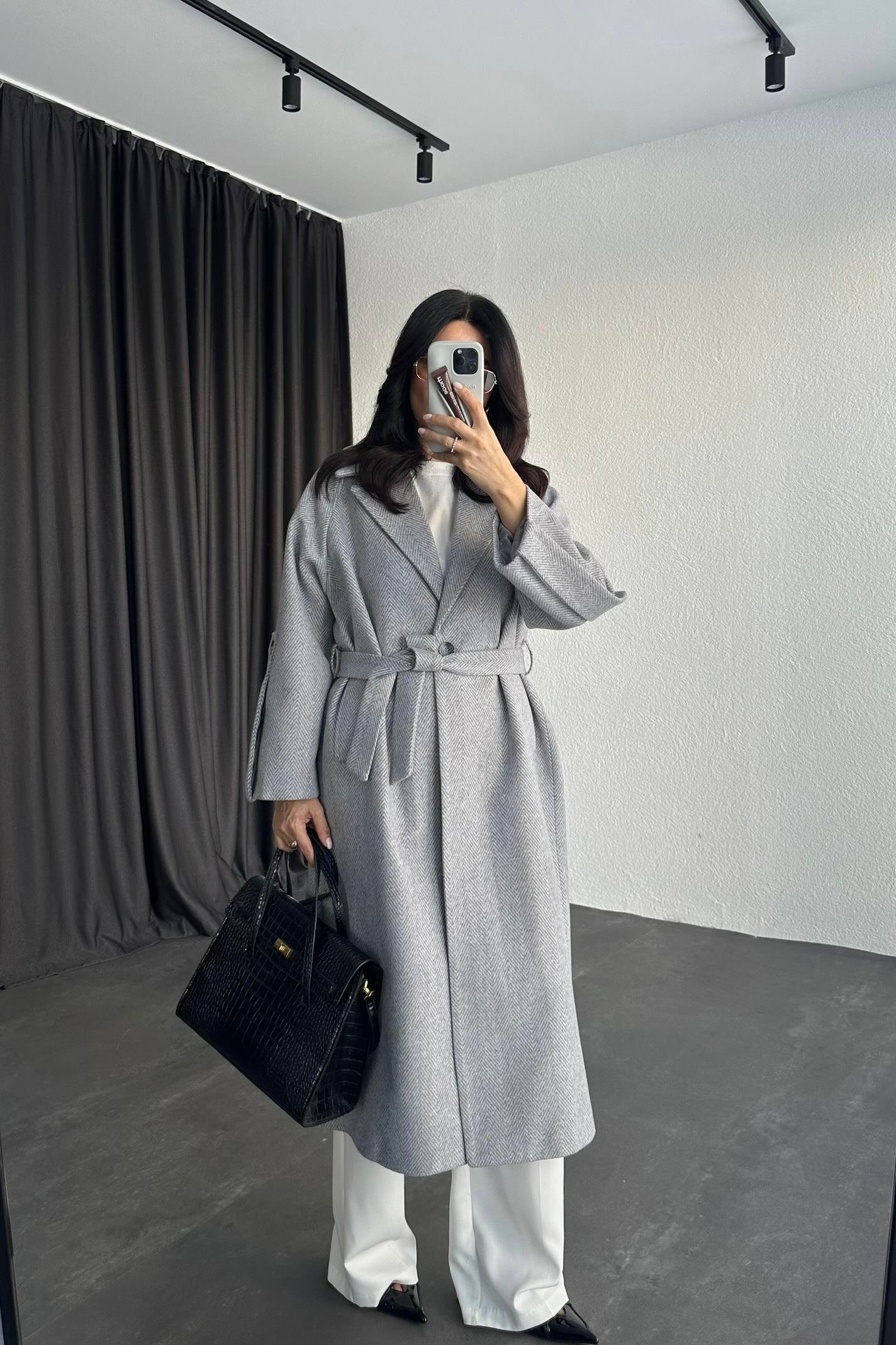 Kol Detay Gri Balıksırtı Premium Kaşe Kaban