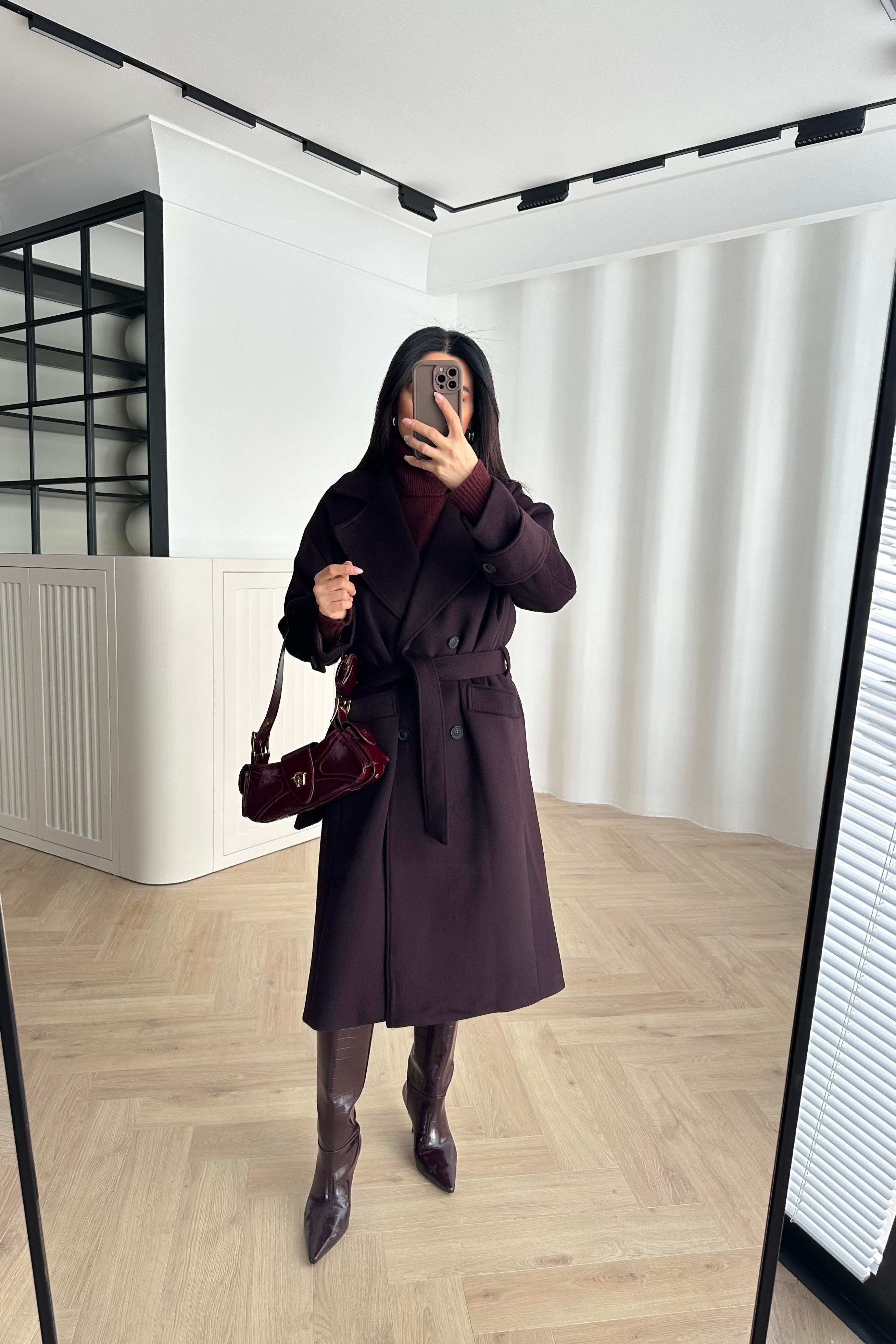 Koyu Bordo Renk Tokyo Model Premium Kaşe Kaban