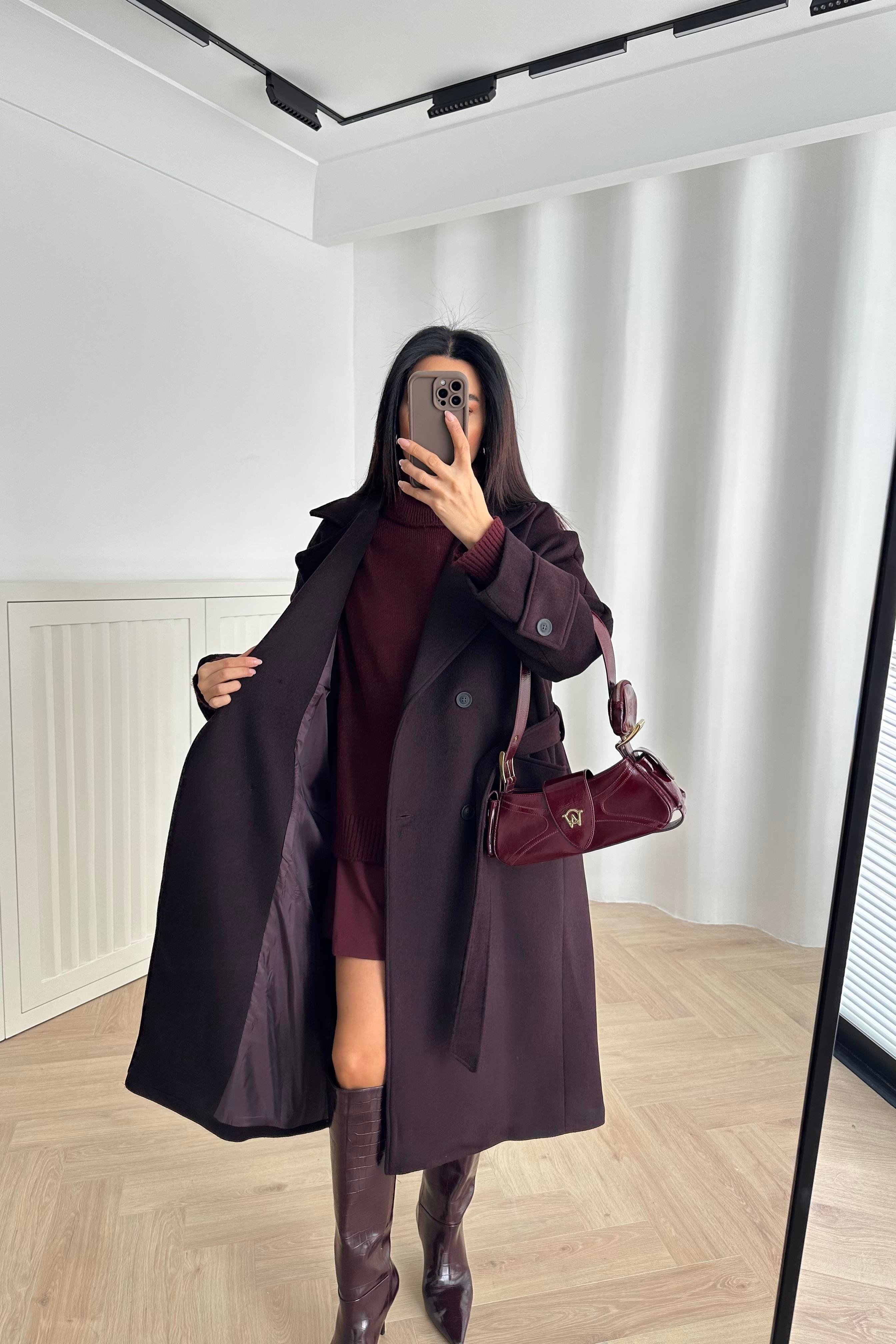 Koyu Bordo Renk Tokyo Model Premium Kaşe Kaban