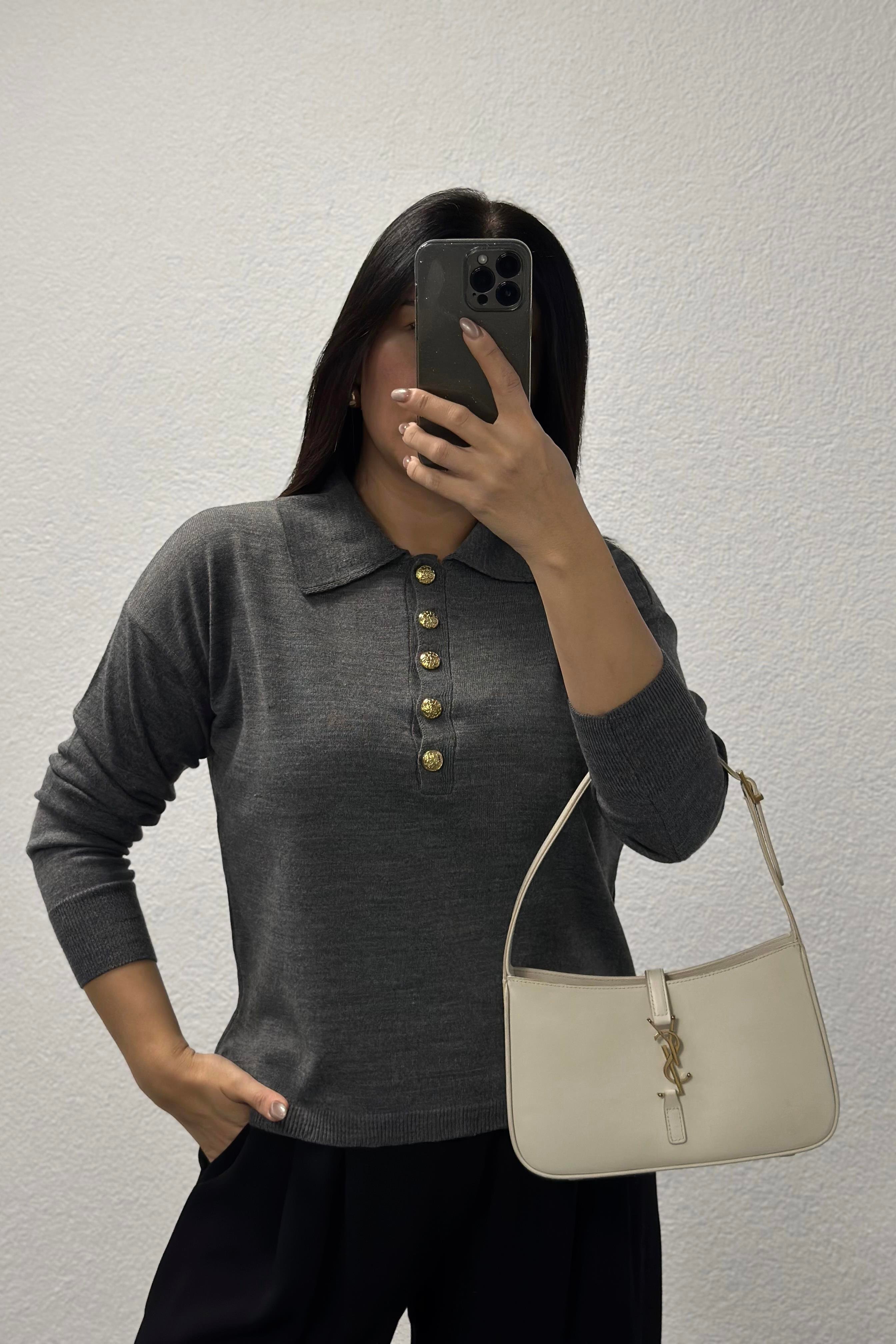 Koyu Gri Gold Düğmeli Polo Yaka Triko