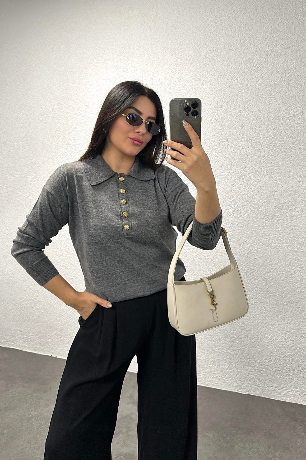 Koyu Gri Gold Düğmeli Polo Yaka Triko