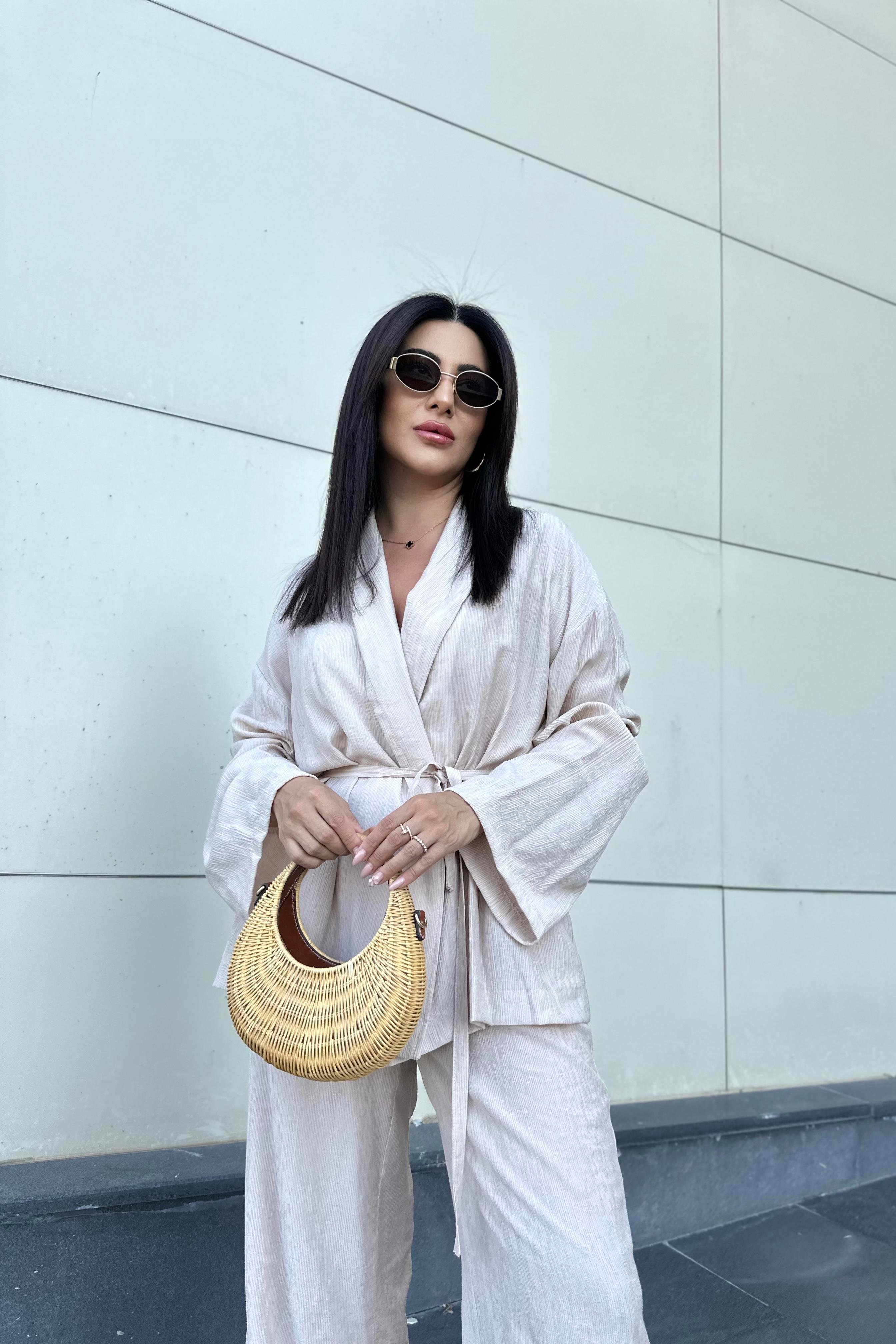 Krinkıl Kumaş Kimono Takım Turuncu Bej