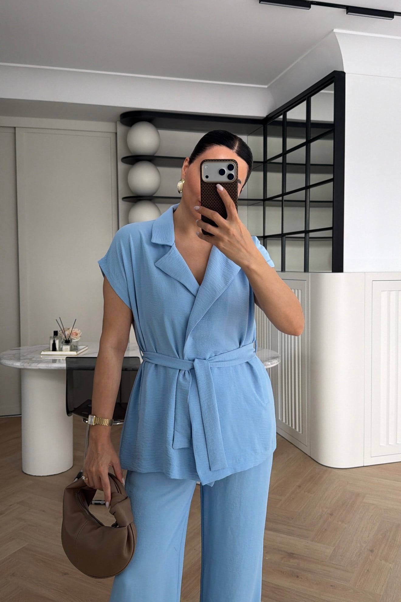 KUŞAKLI YELEK PANTOLON TAKIM BEBE MAVİSİ 