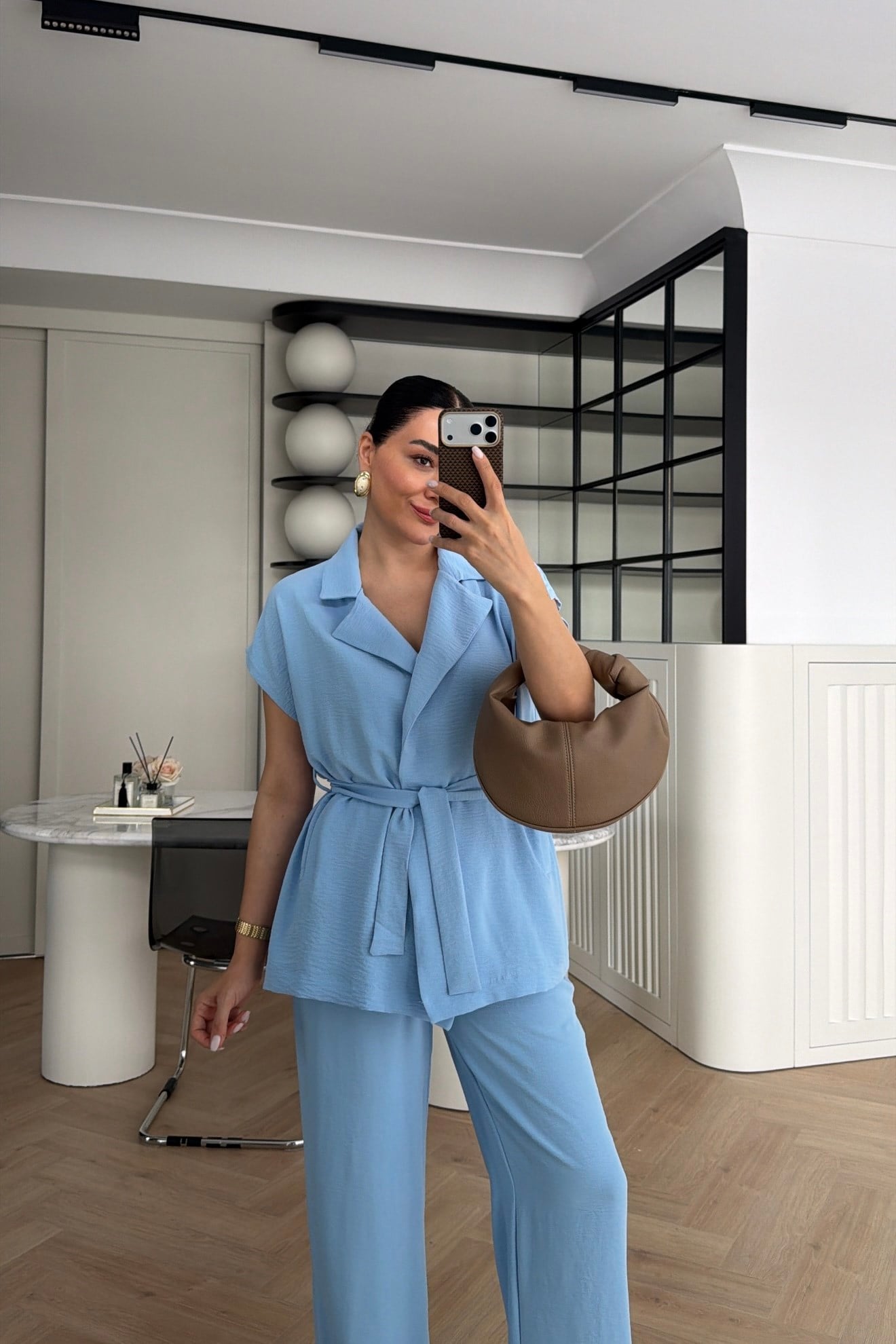 KUŞAKLI YELEK PANTOLON TAKIM BEBE MAVİSİ 