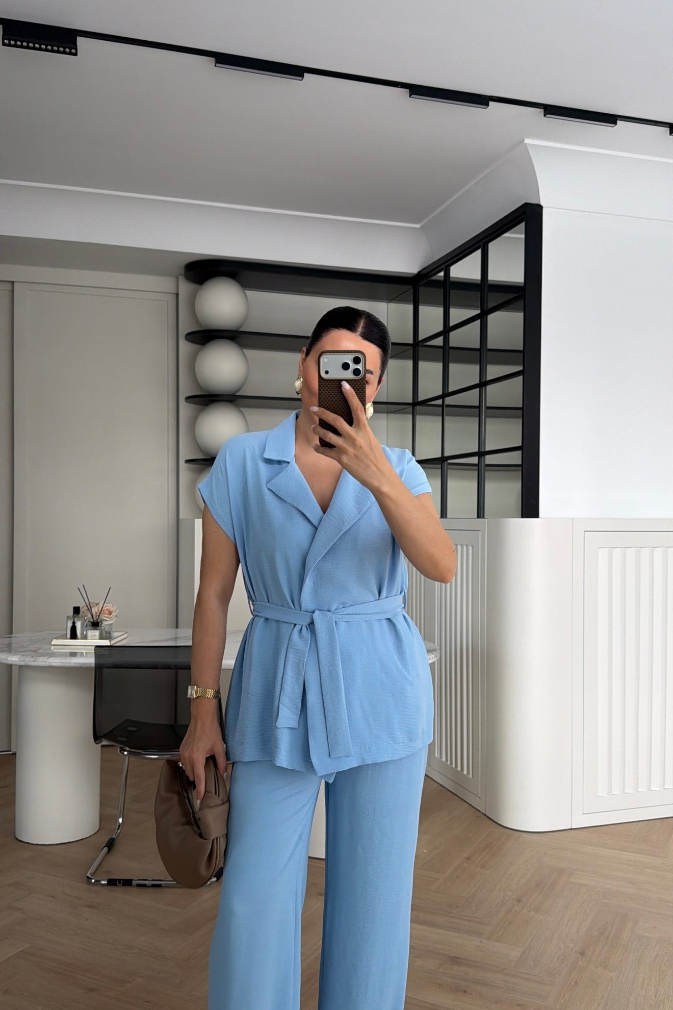 KUŞAKLI YELEK PANTOLON TAKIM BEBE MAVİSİ 