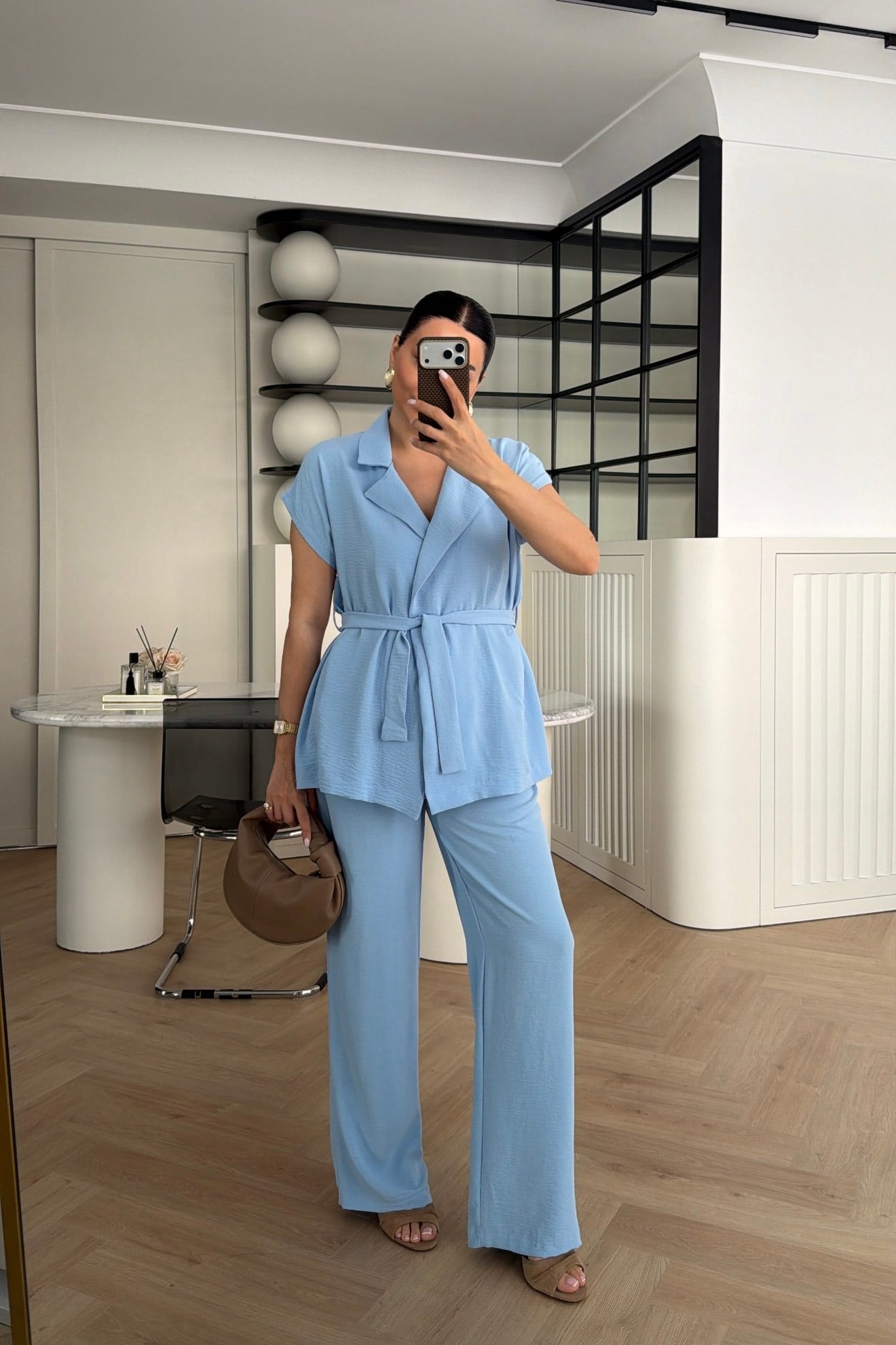 KUŞAKLI YELEK PANTOLON TAKIM BEBE MAVİSİ 