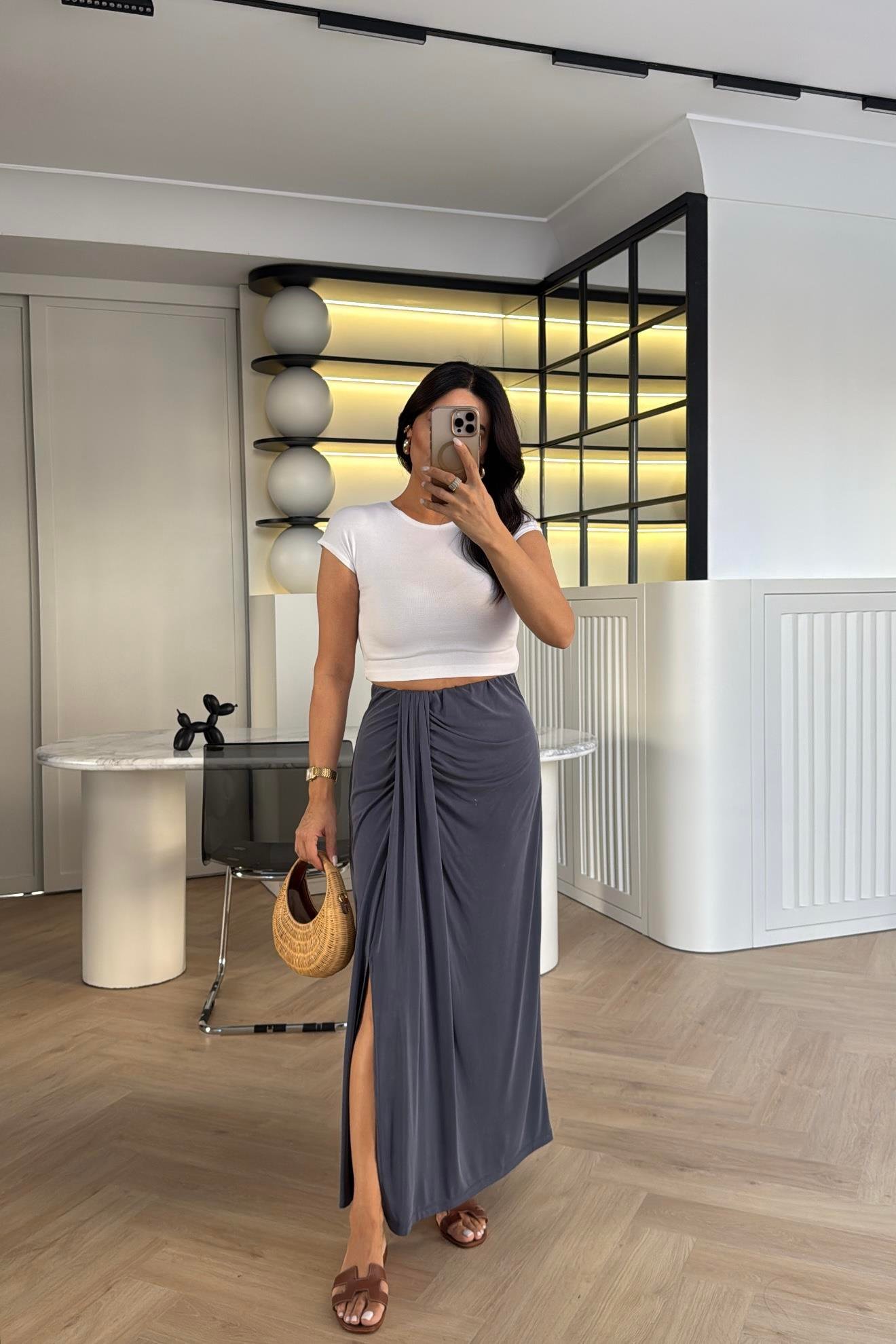 LACİ BELİ LASTİKLİ YIRTMAÇLI MODAL KUMAŞ ETEK