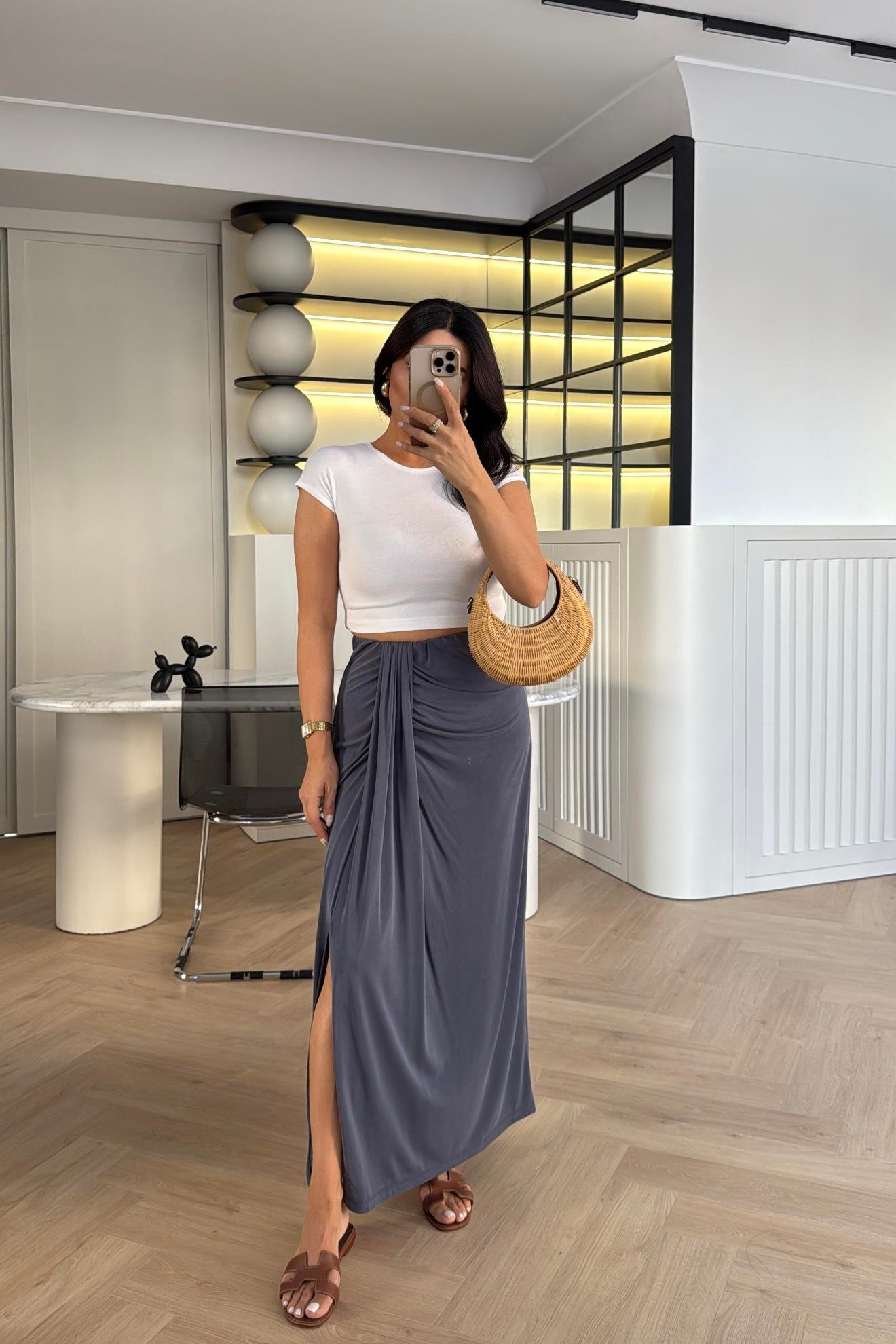 LACİ BELİ LASTİKLİ YIRTMAÇLI MODAL KUMAŞ ETEK