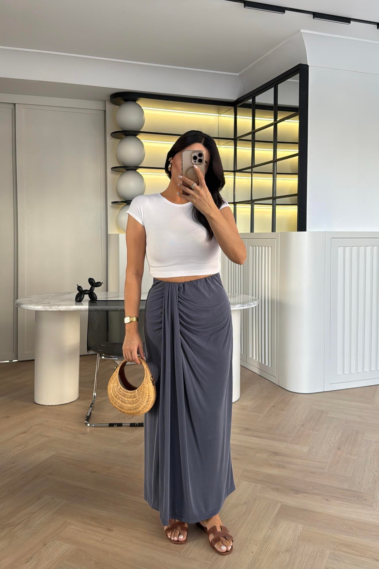 LACİ BELİ LASTİKLİ YIRTMAÇLI MODAL KUMAŞ ETEK