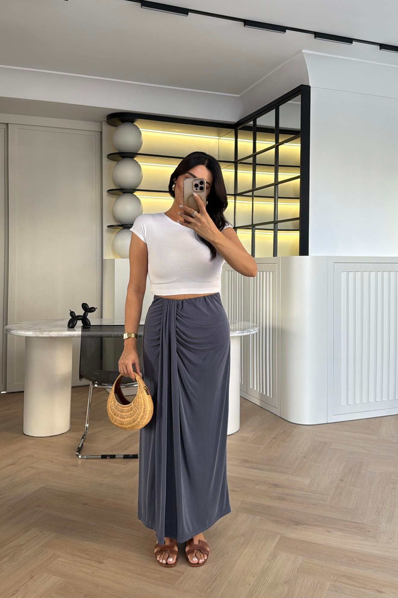 LACİ BELİ LASTİKLİ YIRTMAÇLI MODAL KUMAŞ ETEK