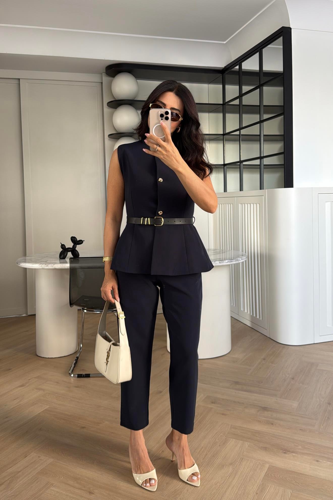 LACİ DOUBLE KUMAŞ KEMERLİ YELEK PANTOLON TAKIM