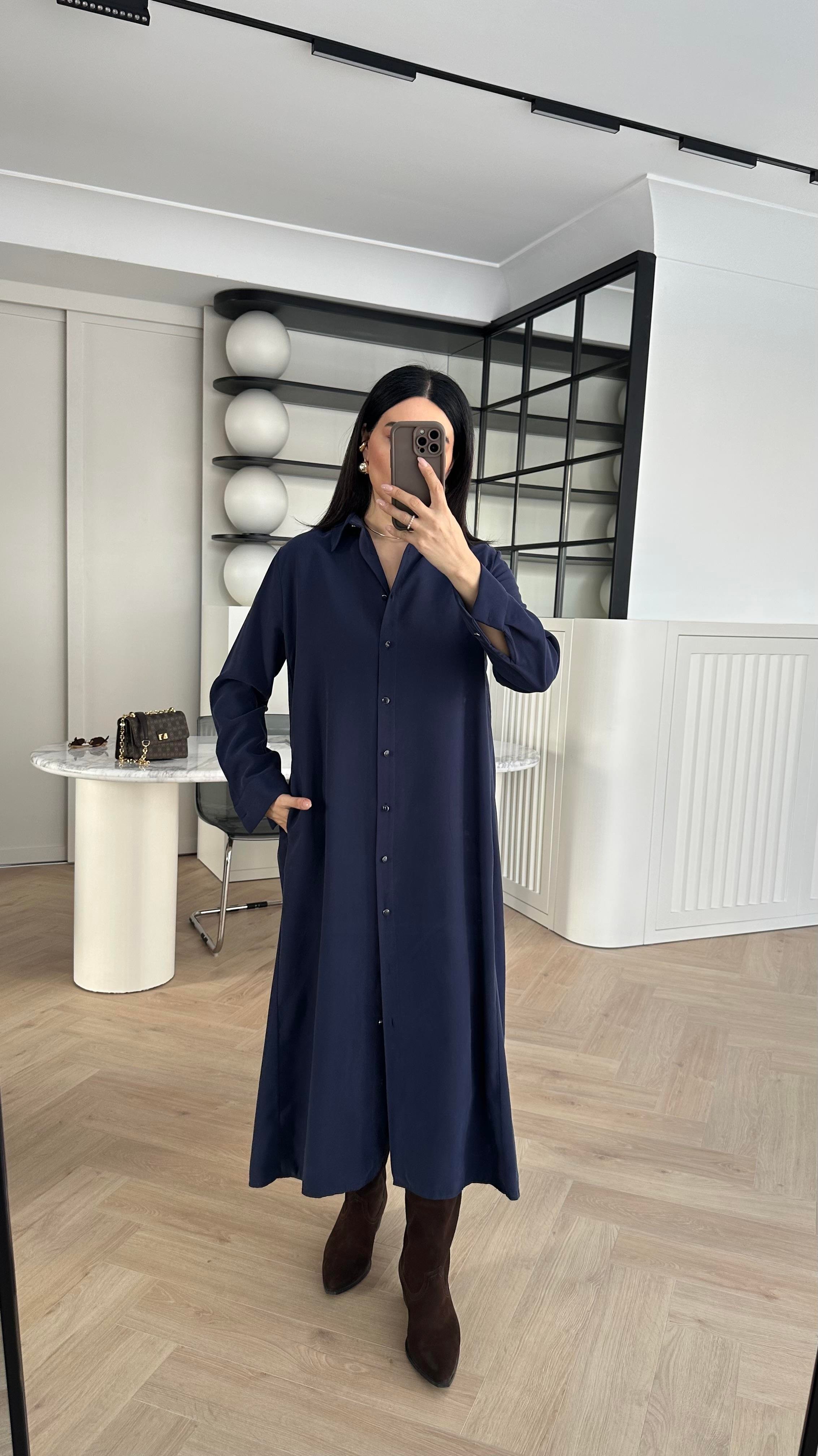 Laci Sedef Düğmeli Kemerli Gömlek Elbise