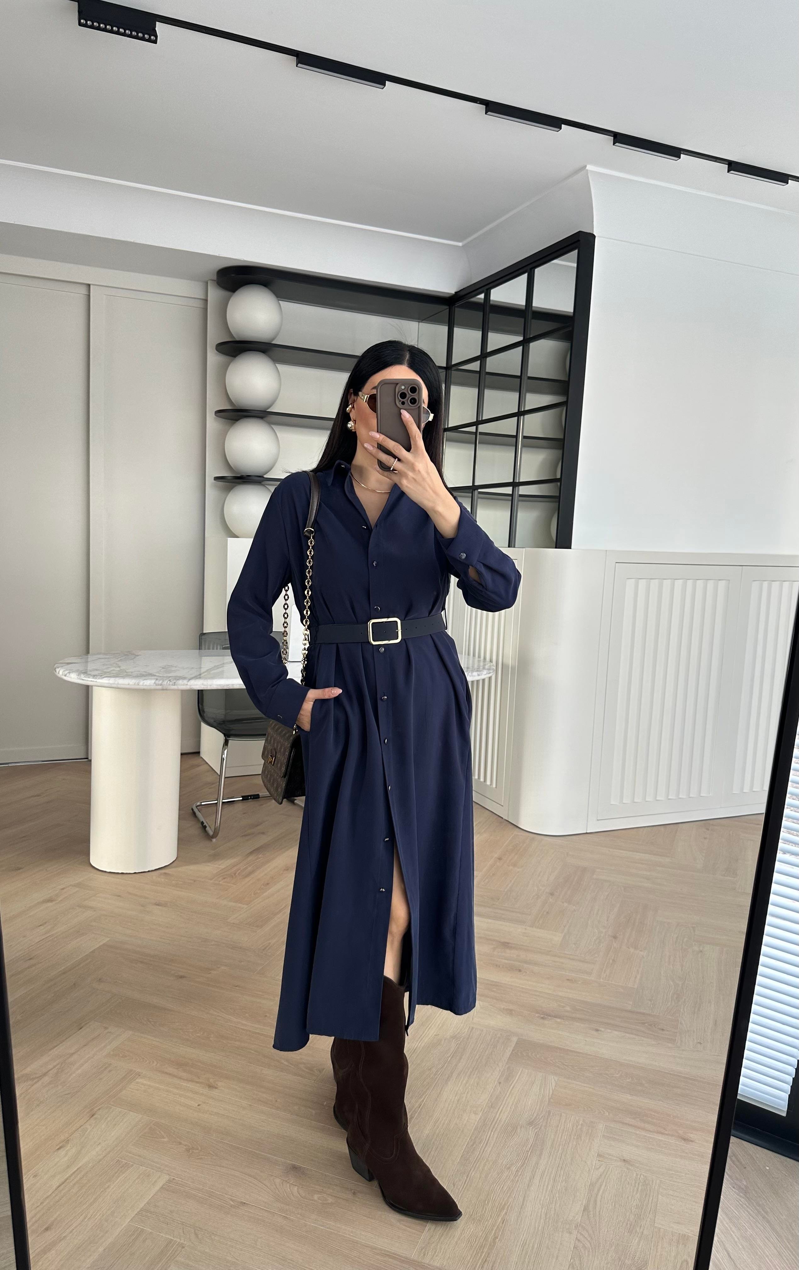 Laci Sedef Düğmeli Kemerli Gömlek Elbise