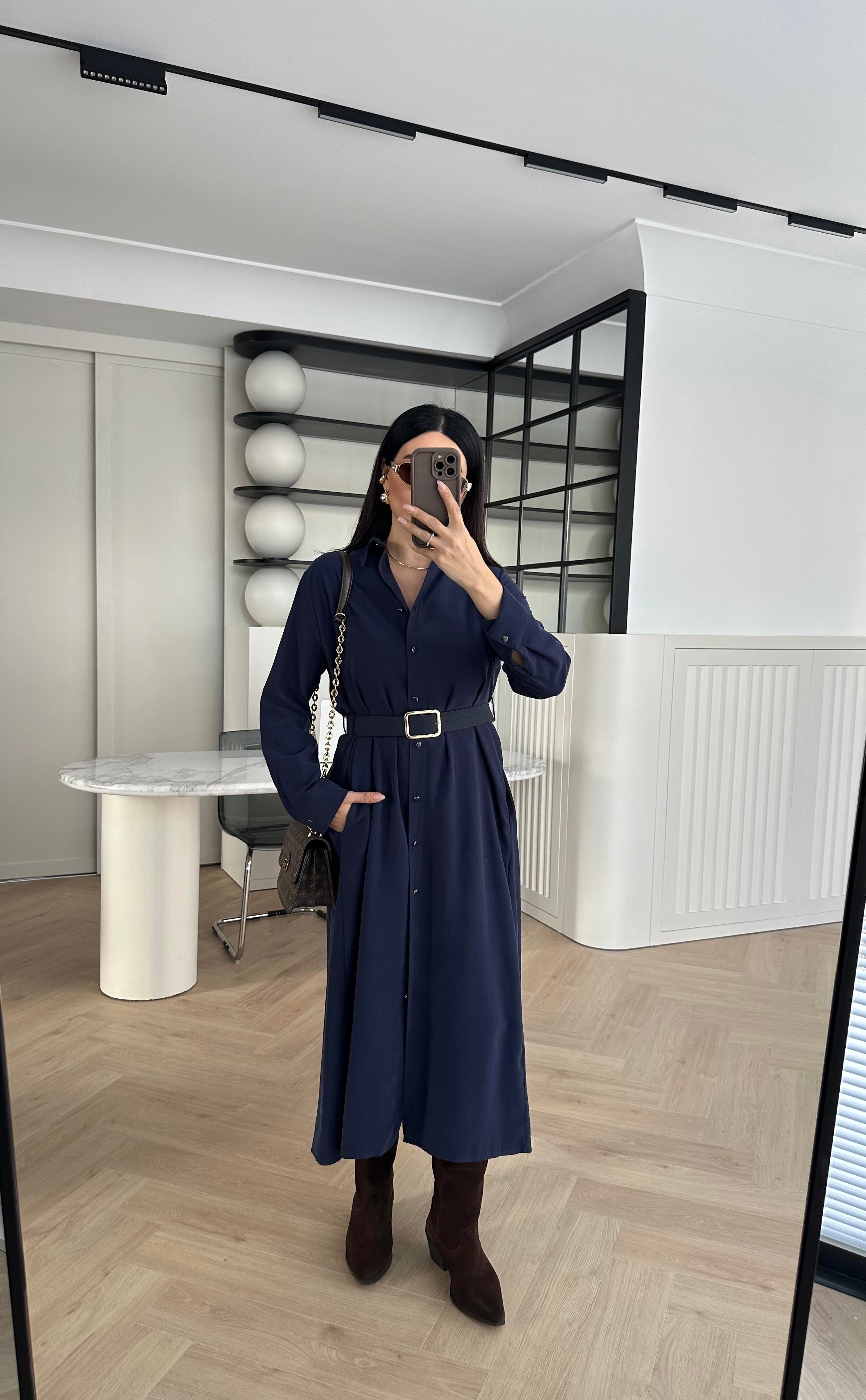 Laci Sedef Düğmeli Kemerli Gömlek Elbise