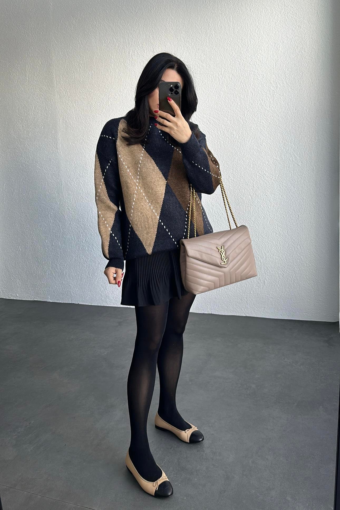 Lacivert Bej Kahve Baklava Desenli Triko Kazak