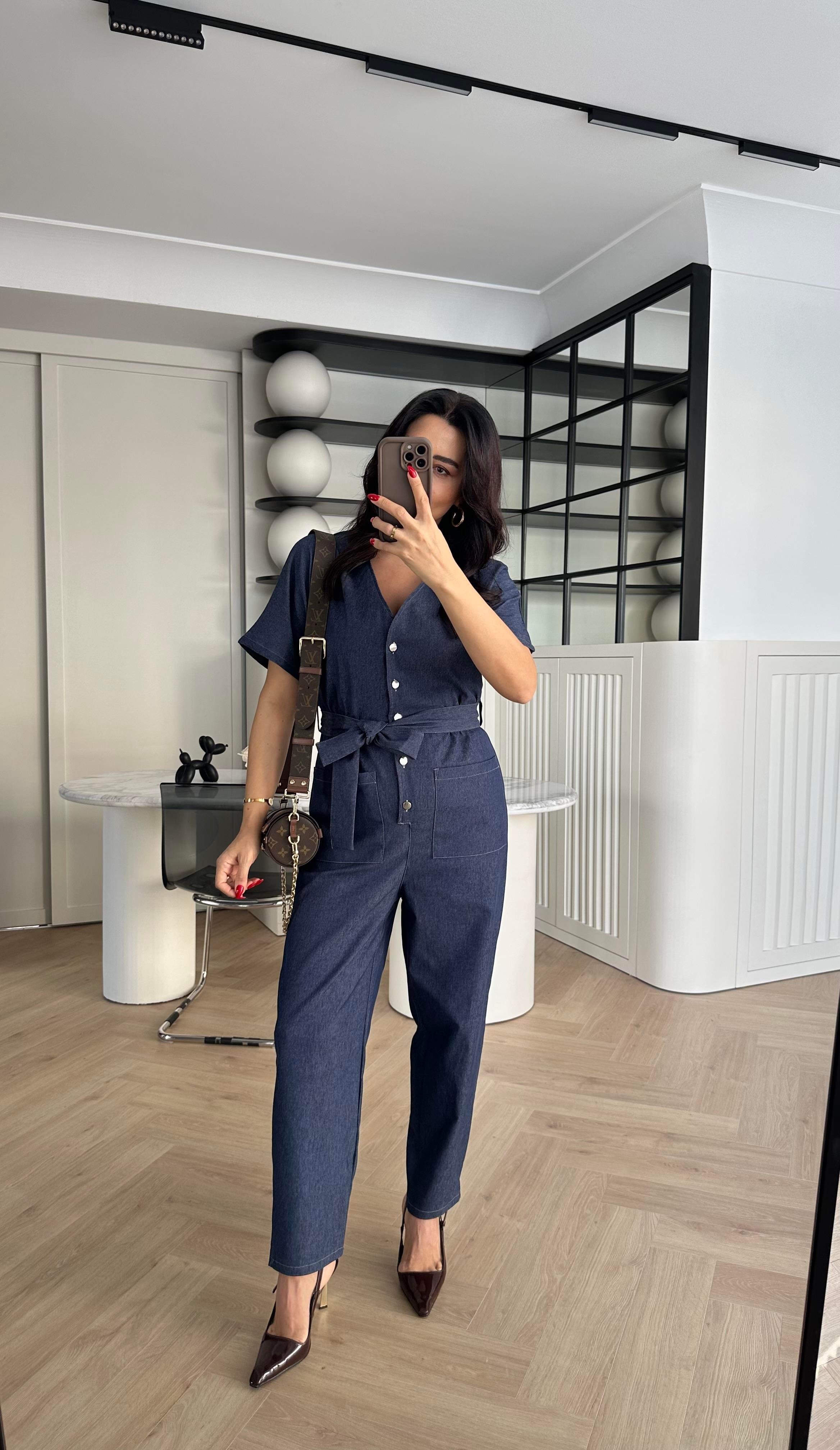 Lacivert Beli Lastikli Yumuşak Denim Kumaş Tulum