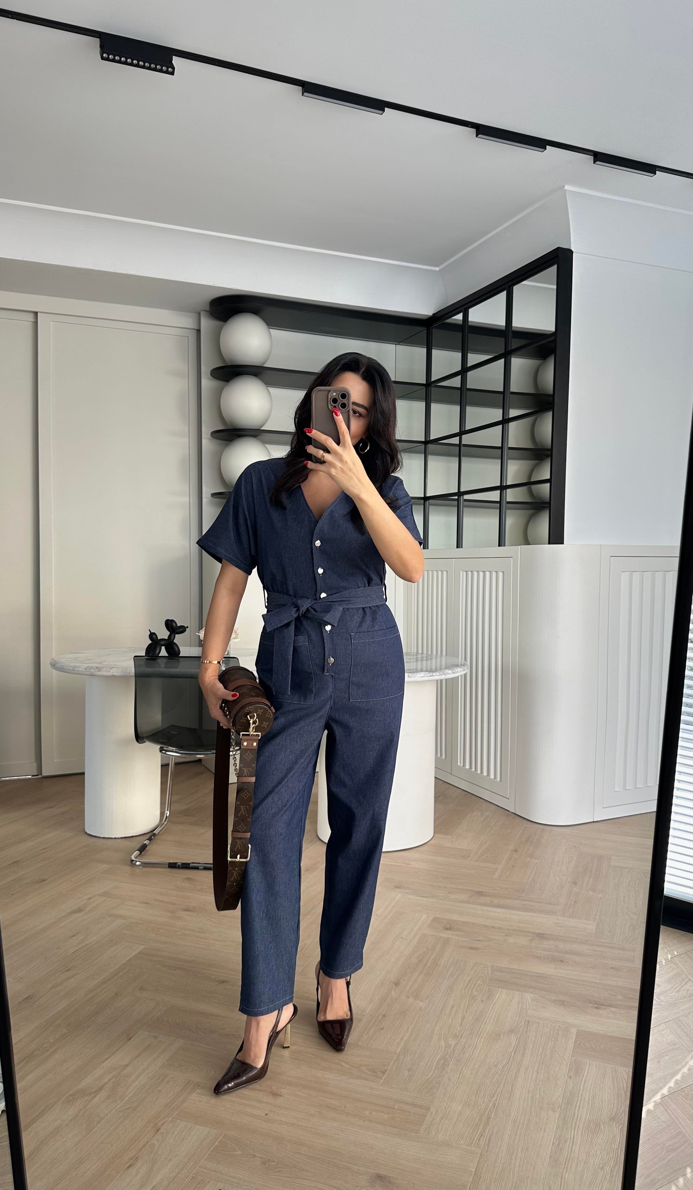 Lacivert Beli Lastikli Yumuşak Denim Kumaş Tulum