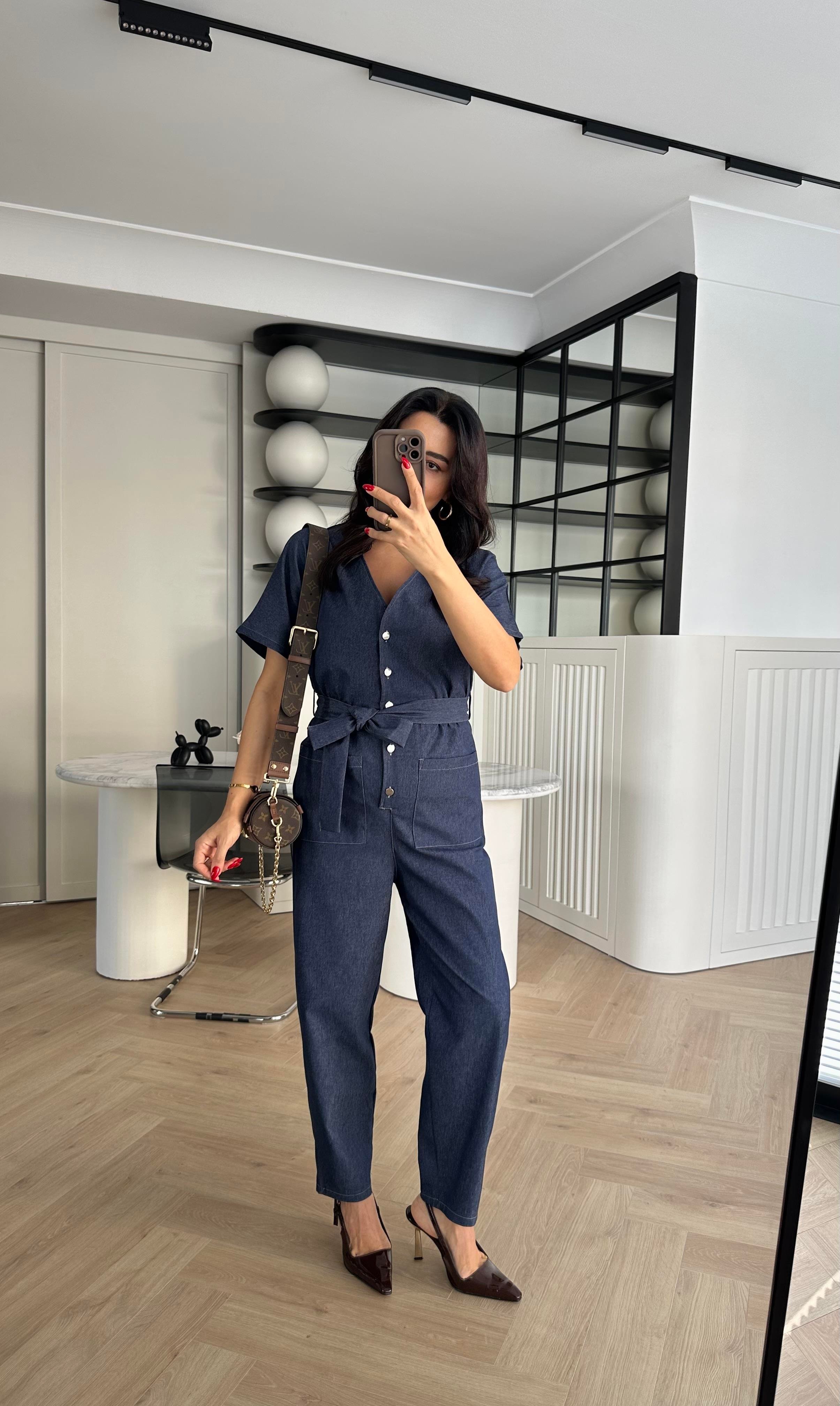 Lacivert Beli Lastikli Yumuşak Denim Kumaş Tulum