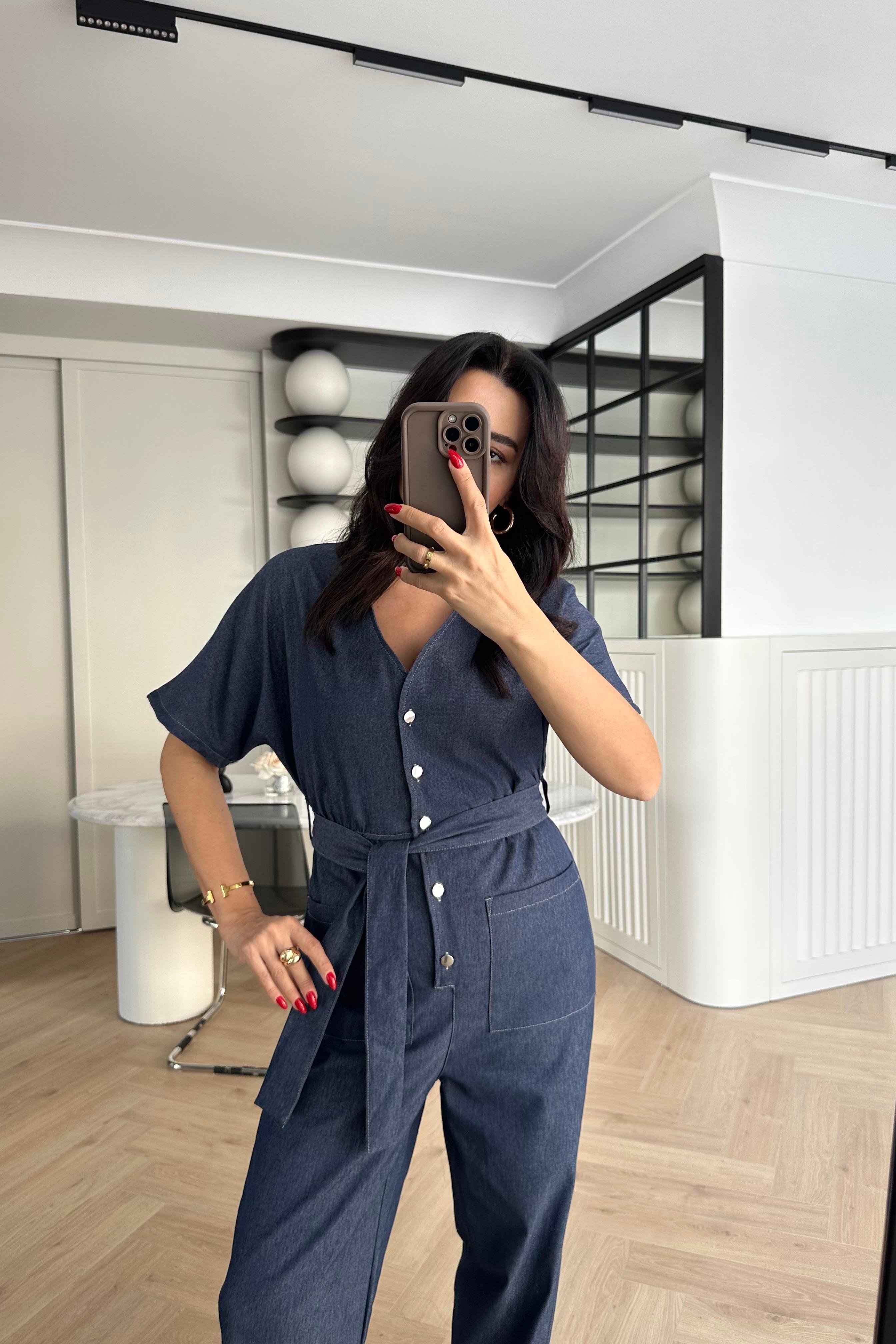 Lacivert Beli Lastikli Yumuşak Denim Kumaş Tulum