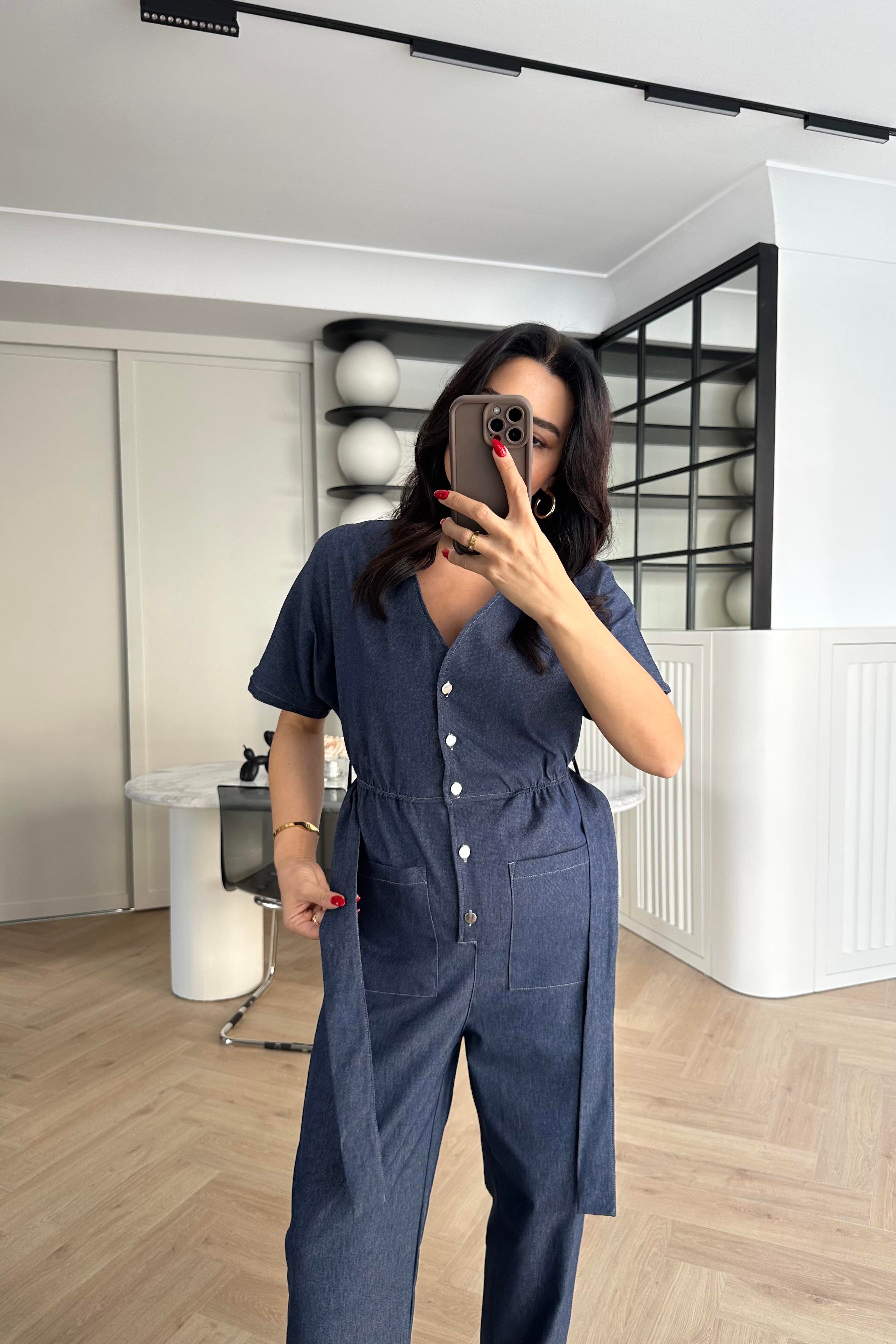 Lacivert Beli Lastikli Yumuşak Denim Kumaş Tulum