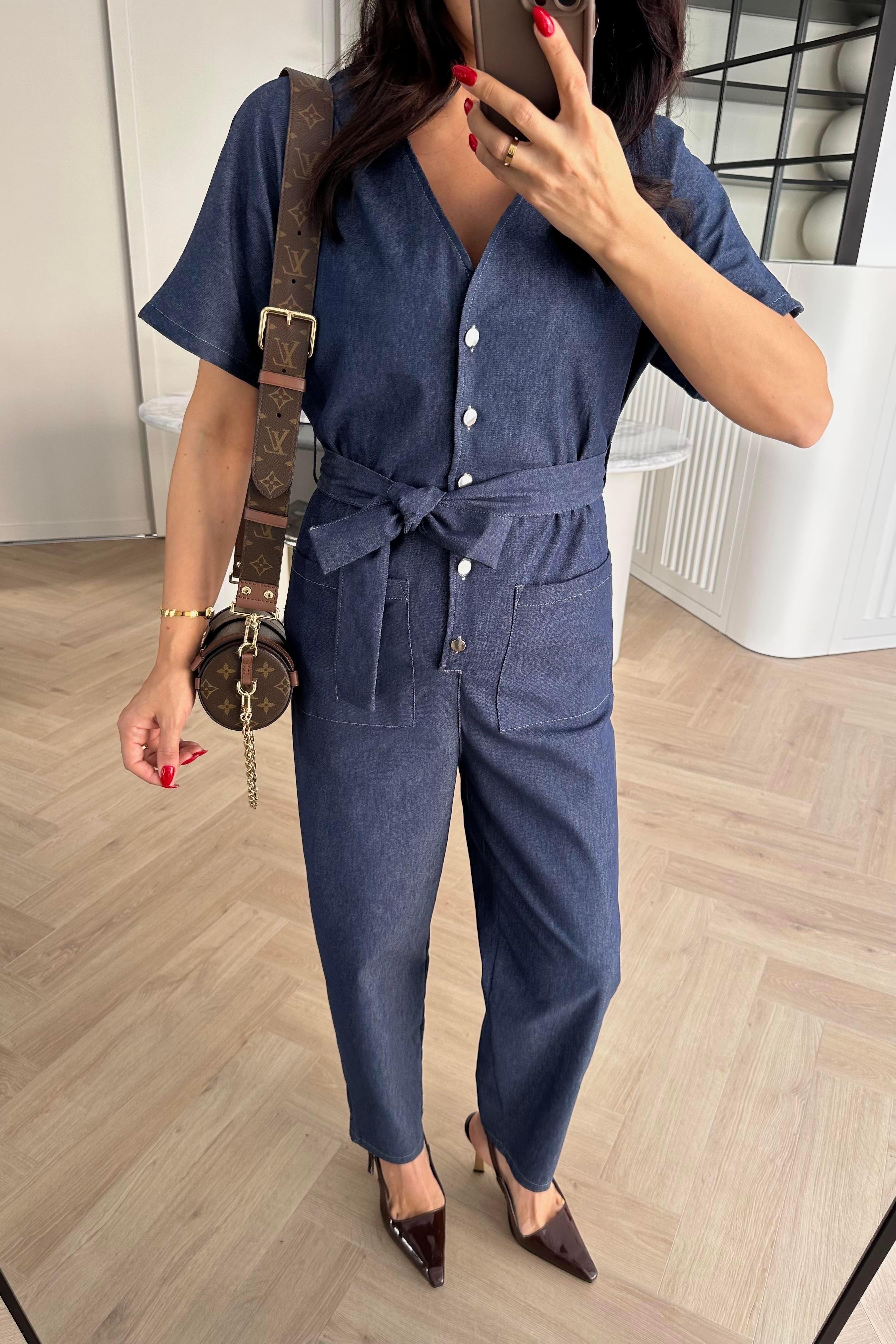 Lacivert Beli Lastikli Yumuşak Denim Kumaş Tulum