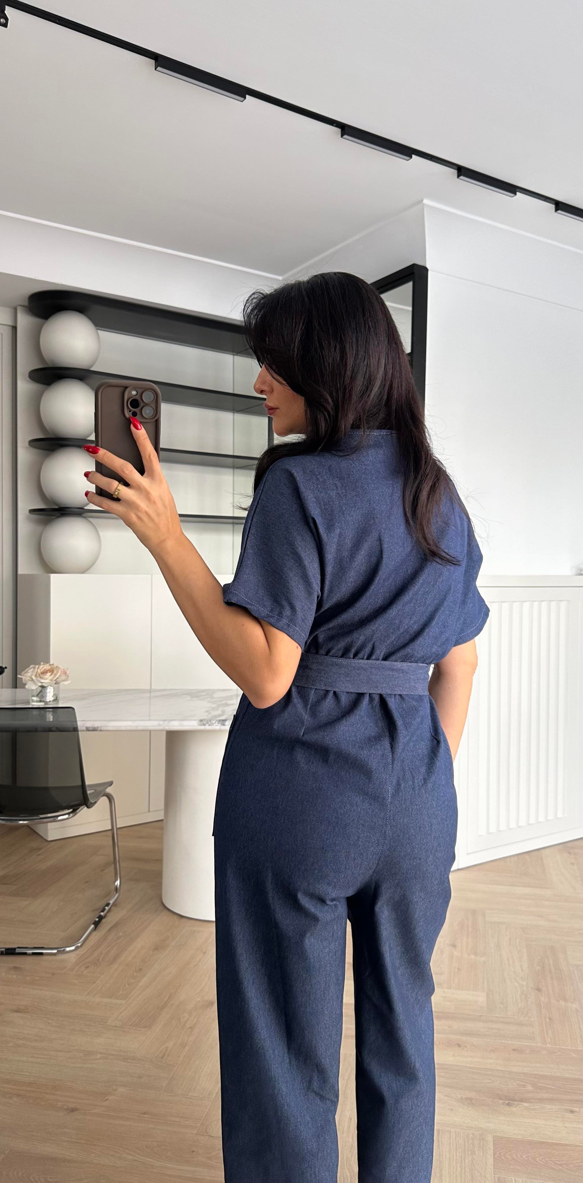 Lacivert Beli Lastikli Yumuşak Denim Kumaş Tulum