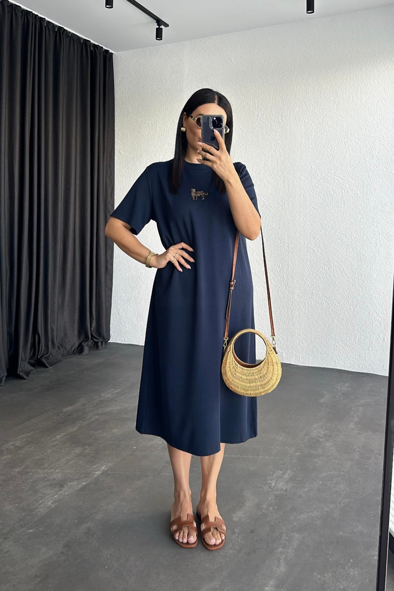 Lacivert Kaplan Nakışlı Basic Elbise 