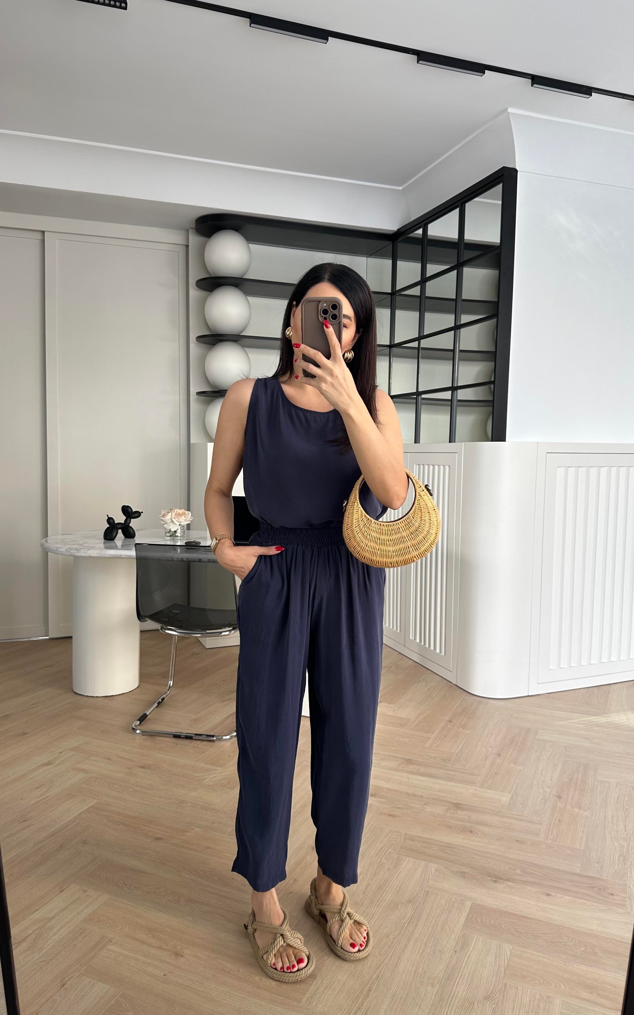 Lacivert Kolsuz Tensel Kumaş Bluz Pantolon Takım
