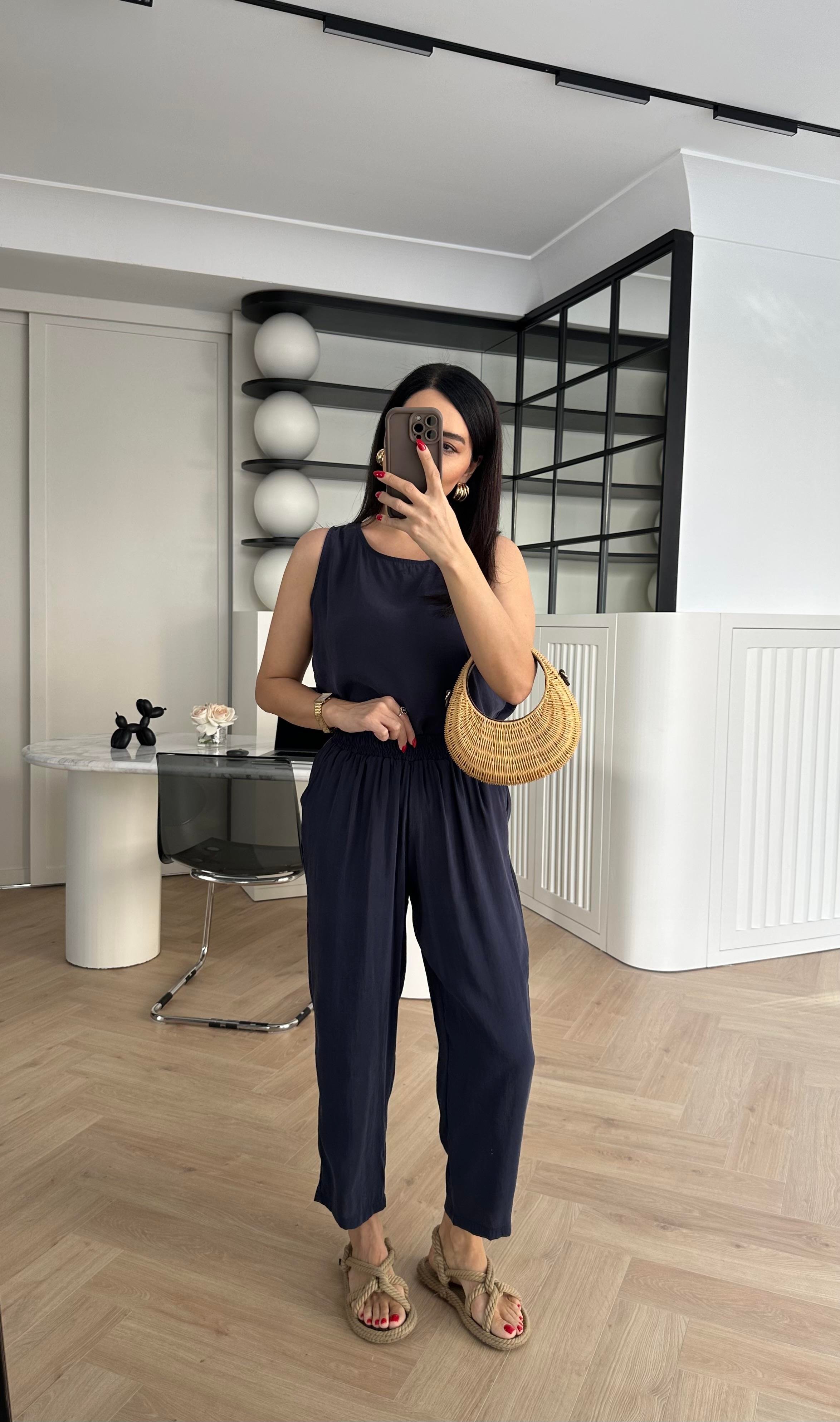 Lacivert Kolsuz Tensel Kumaş Bluz Pantolon Takım