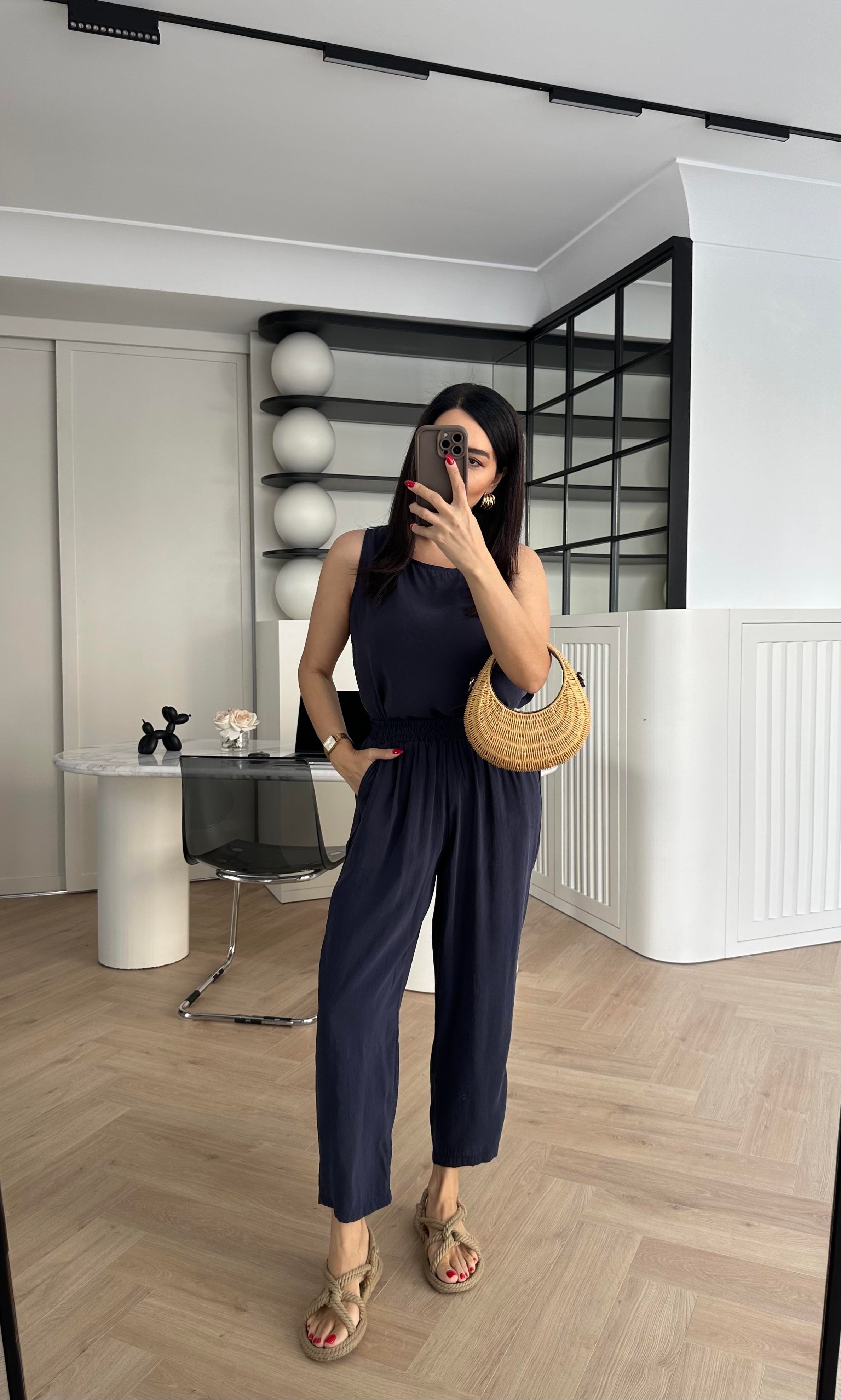 Lacivert Kolsuz Tensel Kumaş Bluz Pantolon Takım