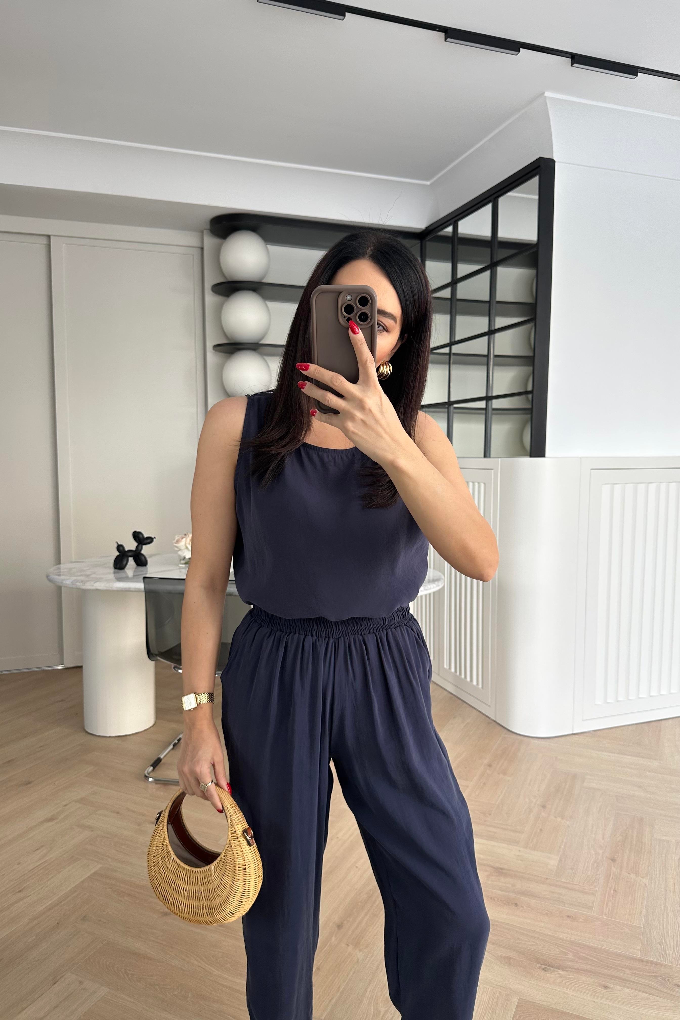 Lacivert Kolsuz Tensel Kumaş Bluz Pantolon Takım