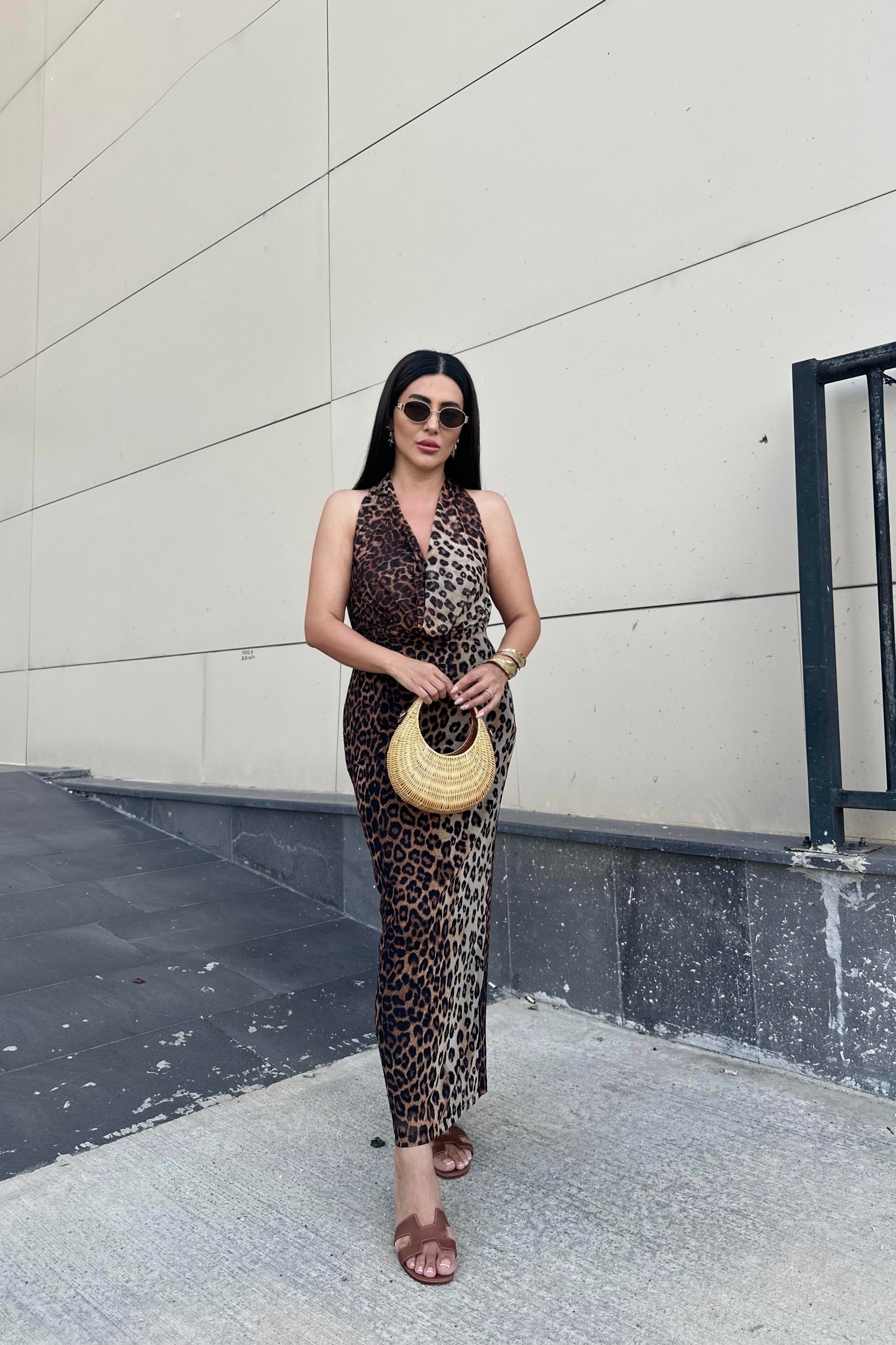 Leopar Desenli Astarlı Tül Elbise