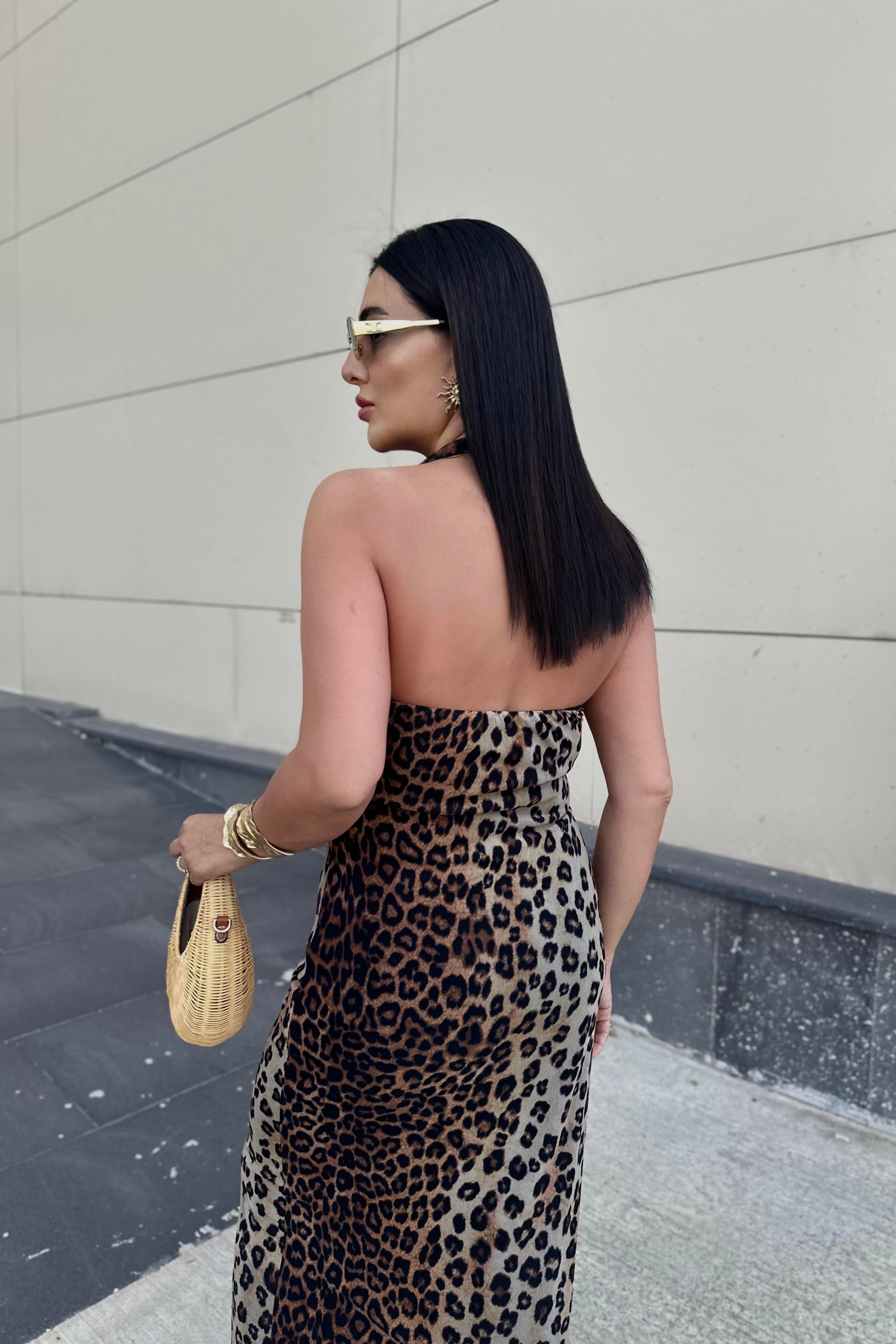 Leopar Desenli Astarlı Tül Elbise