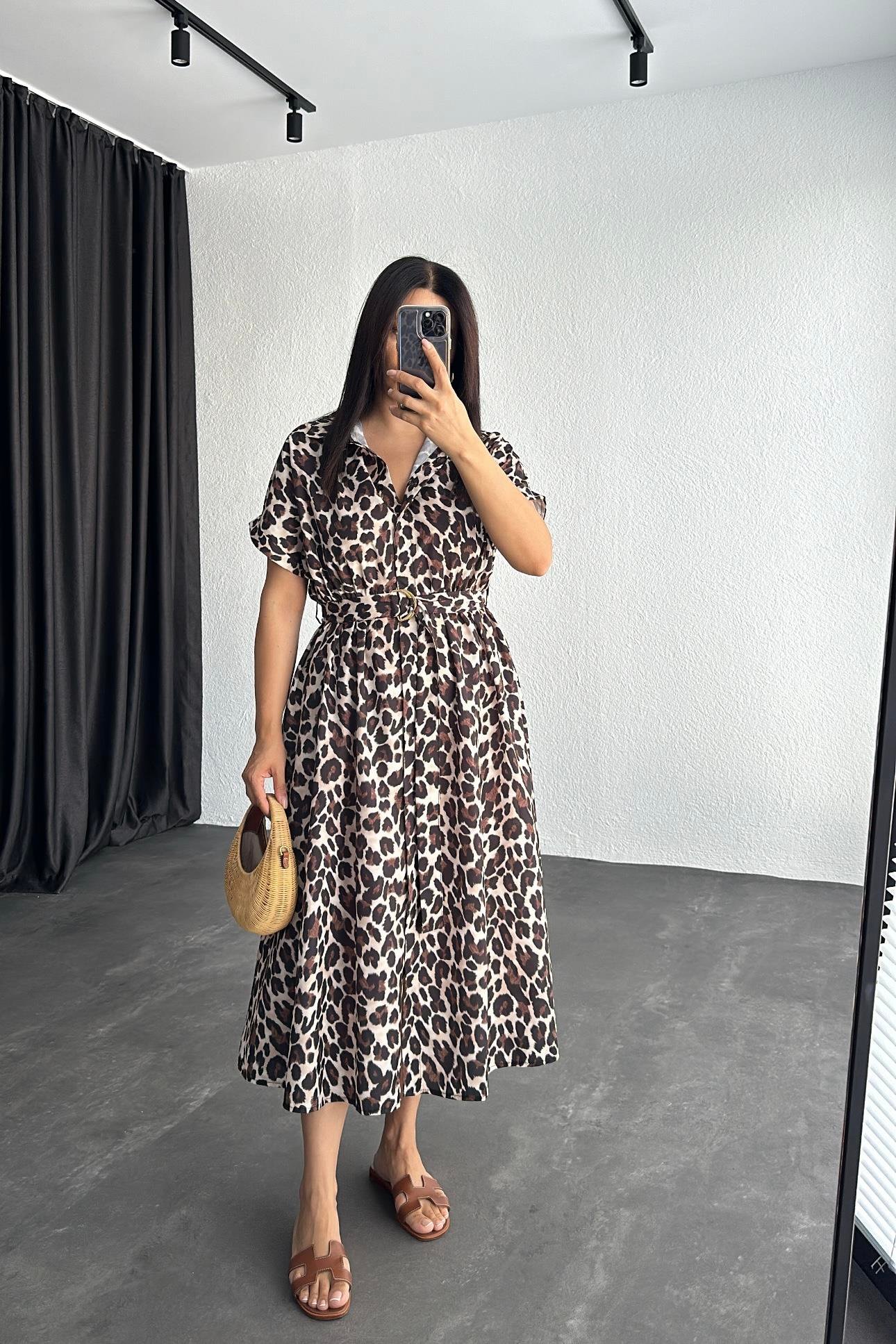Leopar Desenli Kemerli Cep Detaylı Gömlek Elbise