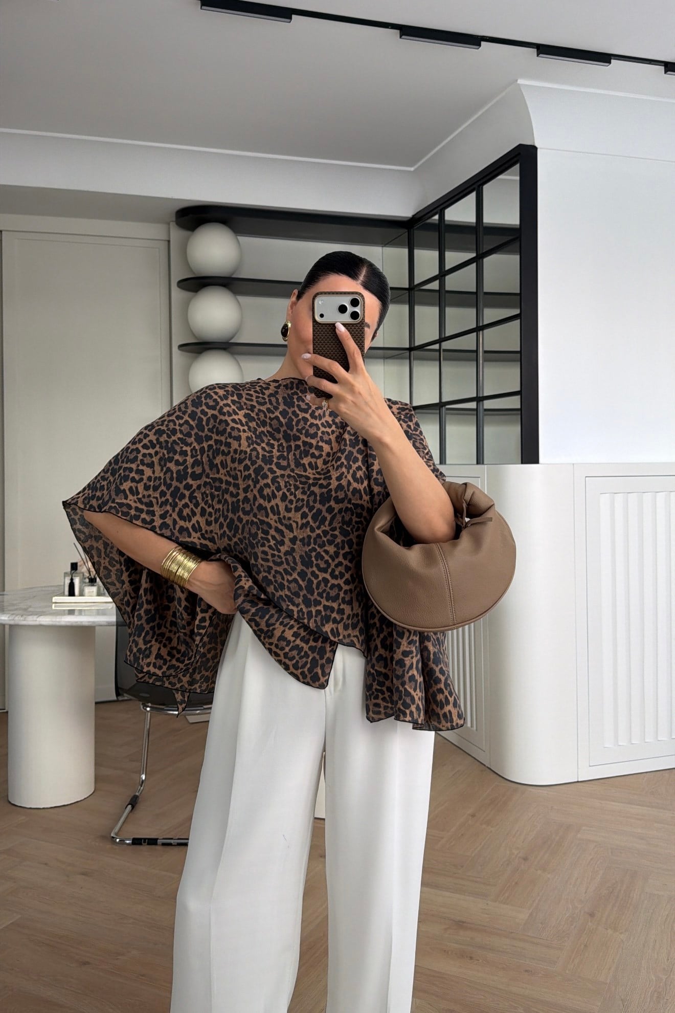 LEOPAR DESENLİ PELERİN BLUZ 