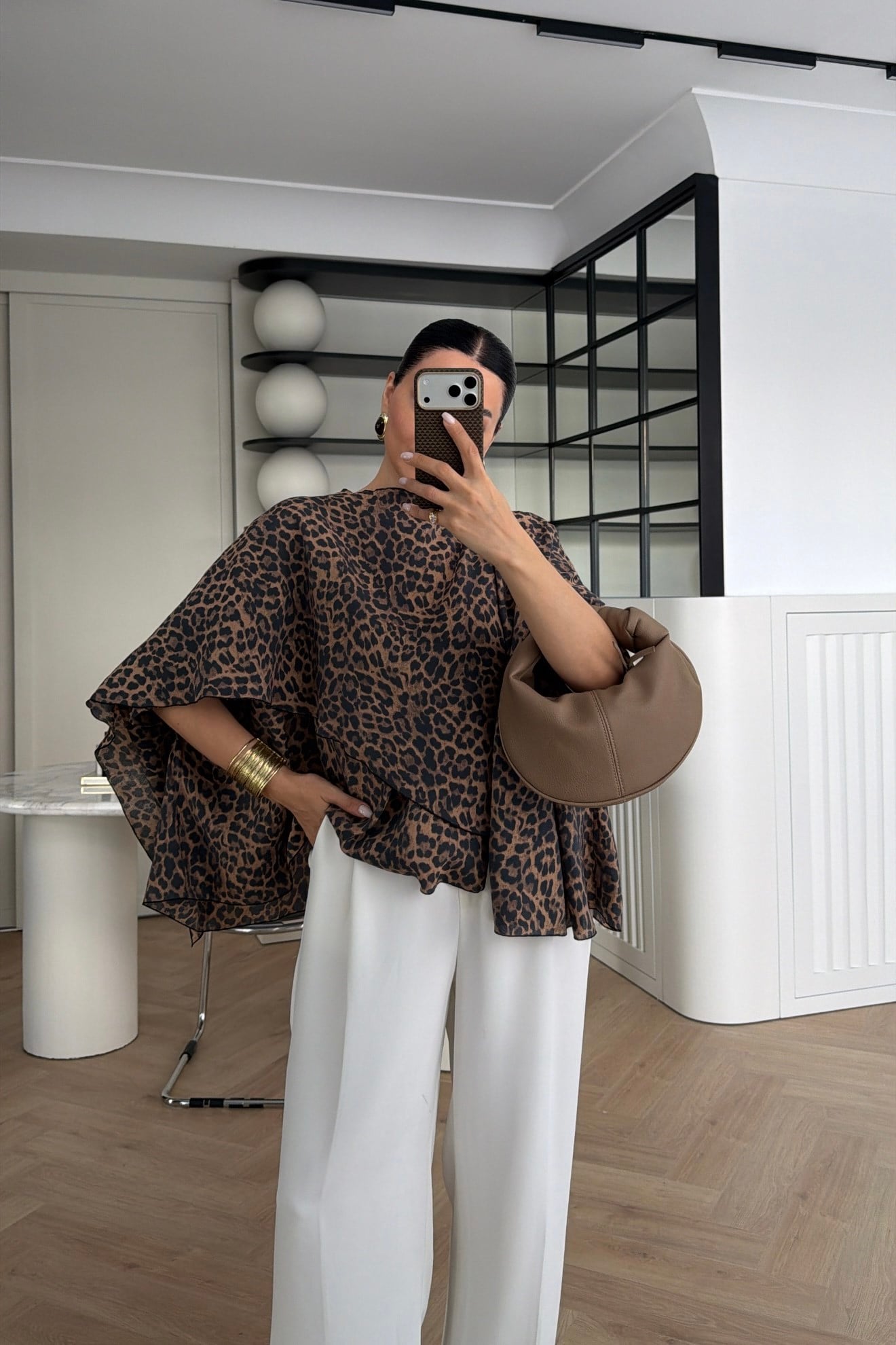 LEOPAR DESENLİ PELERİN BLUZ 